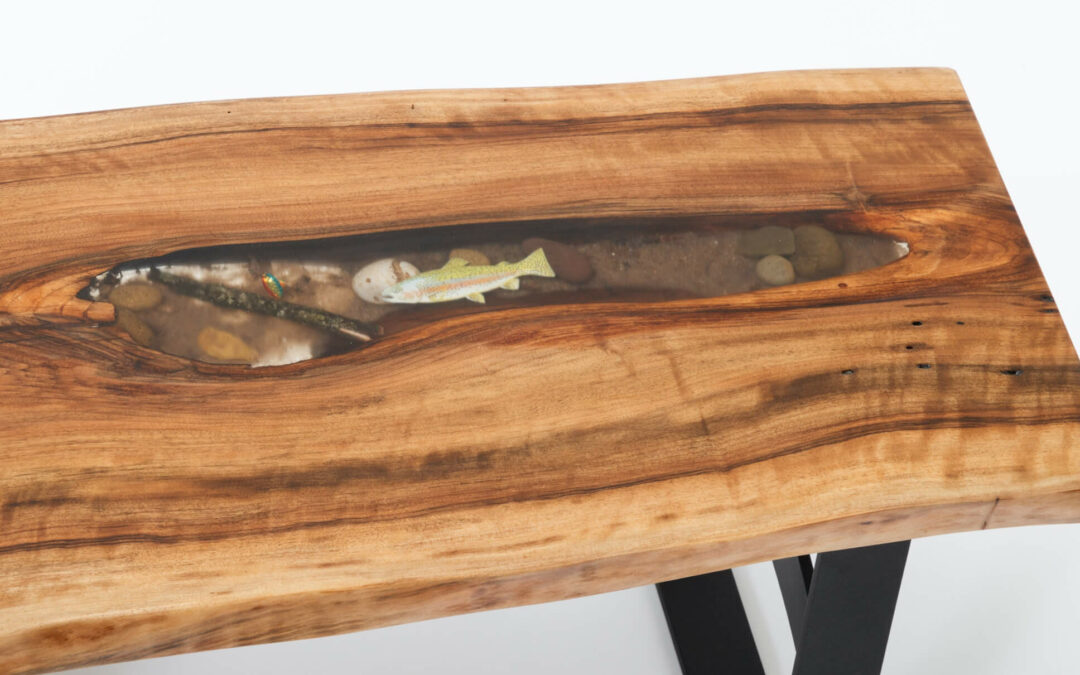 Morris Hill Metal Craft Quarryville, PA Live edge table with resin filled display showing a fish in a poind.