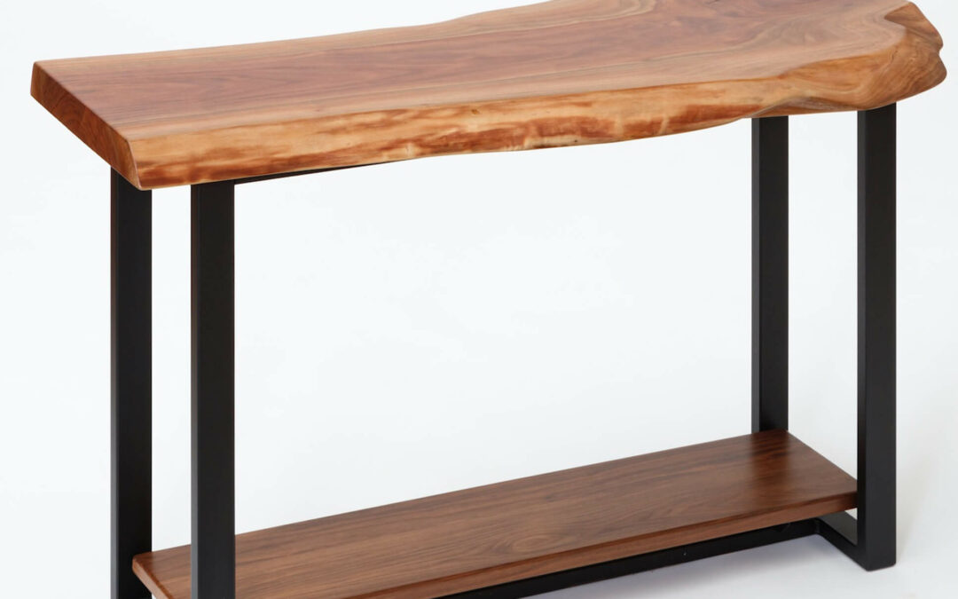 Morris Hill Metal Craft Quarryville, PA A live edge wooden console table with a black metal frame.