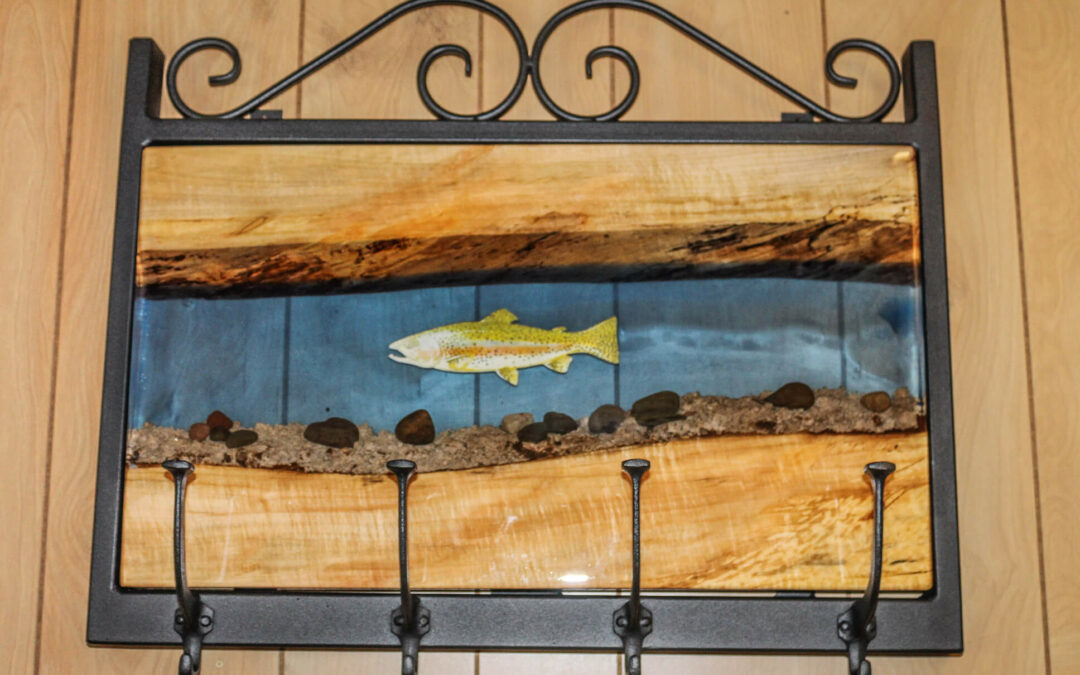 Morris Hill Metal Craft Quarryville, PA A metal and wood hook rack with a fish on it.