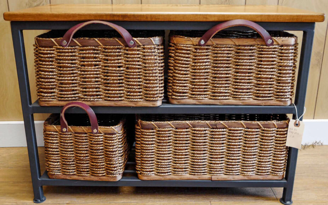 Morris Hill Metal Craft Quarryville, PA Wicker baskets in a wrought iron and wooden shelf