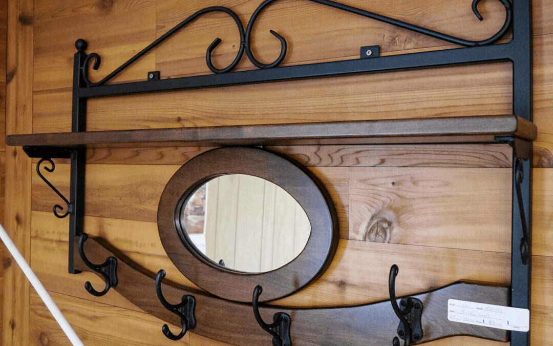 Morris Hill Metal Craft Quarryville, PA A wooden wall mounted coat rack with a mirror.