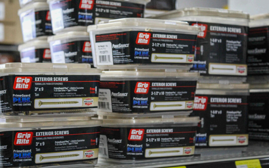 Slate Road Supply Ephrata PA Stacks of grip-rite screws in various sizes on a hardware store shelf.