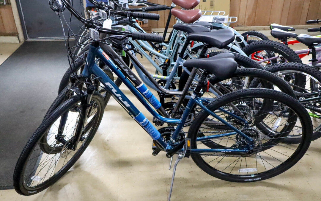Weaver's Bike Shop Ephrata PA A row of blue and black bicycles with various models featuring upright handlebars and cushioned seats, displayed in a store with a linoleum floor and wooden walls.