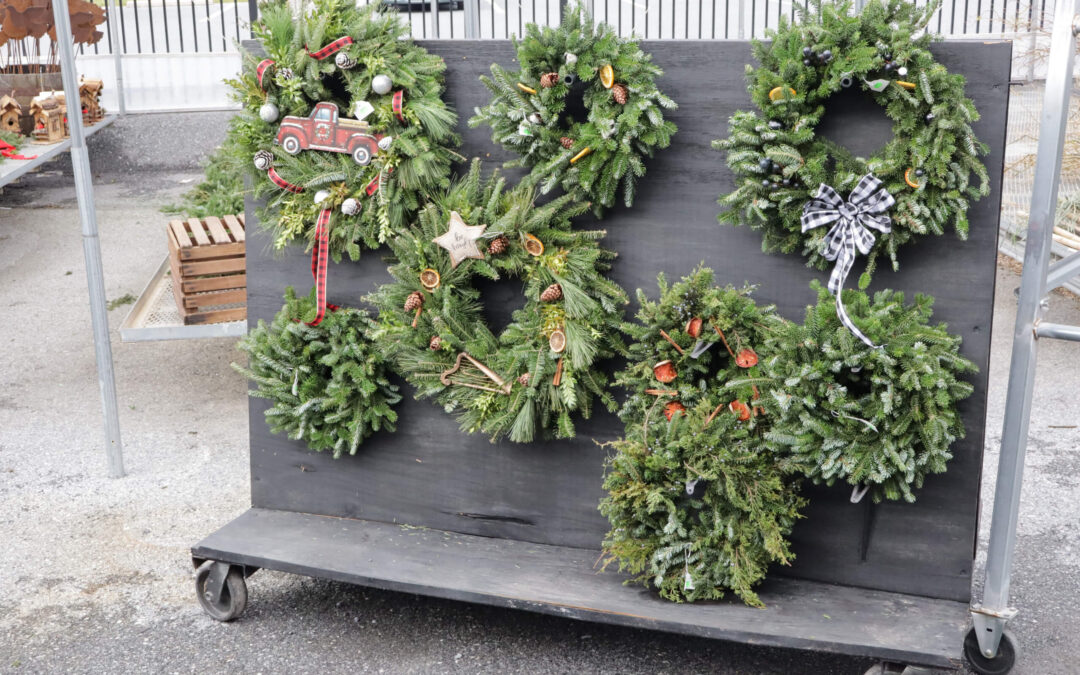Reiff's Farm Market Ephrata PA A display of six decorative Christmas wreaths on a black board, each adorned with various ornaments and bows.