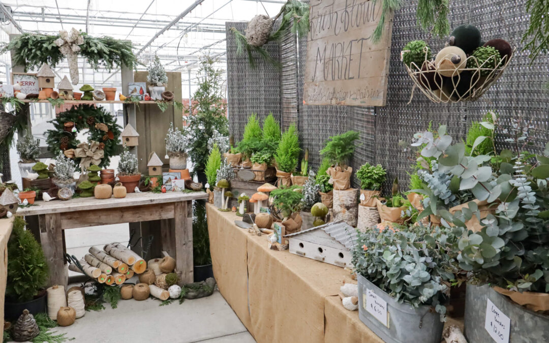 Reiff's Farm Market Ephrata PA Rustic holiday market stall with potted plants, festive decor, wreaths, and small wooden structures displayed on tables.