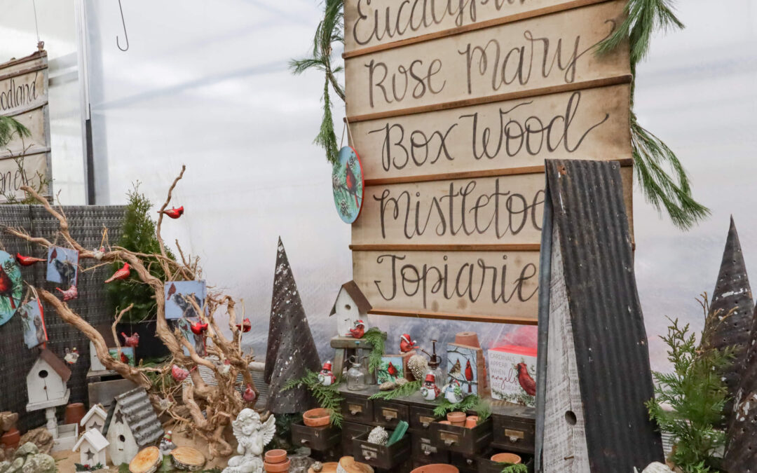 Reiff's Farm Market Ephrata PA A display of wooden signs listing plant names, surrounded by holiday-themed decorations, small birdhouses, and figurines in a rustic setting.