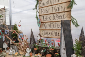 A display of wooden signs listing plant names, surrounded by holiday-themed decorations, small birdhouses, and figurines in a rustic setting.