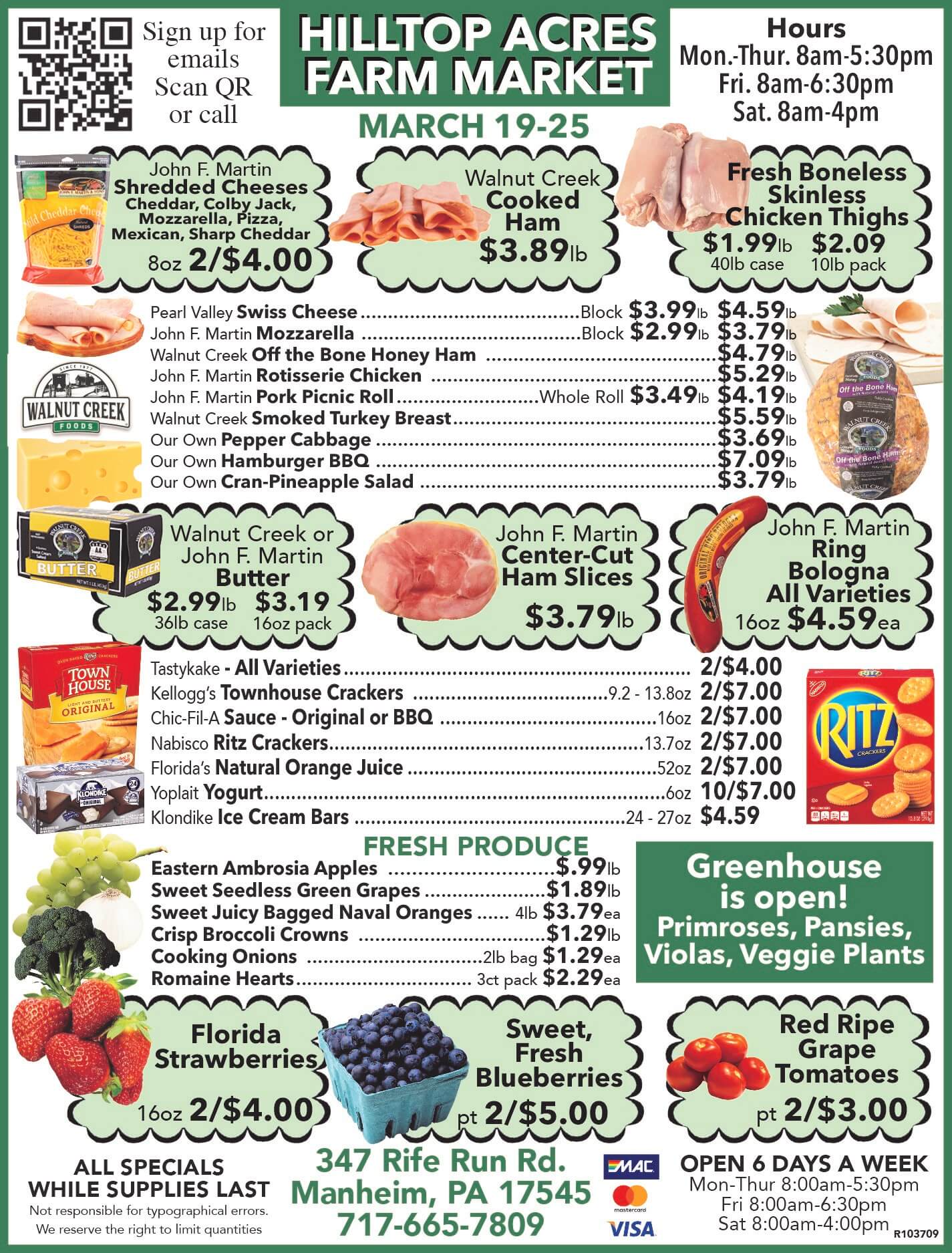 Hilltop Acres Farm Market flyer with product images and prices, featuring meats, cheeses, produce, and more. Includes store hours, location, and contact information. Offers subject to availability.
