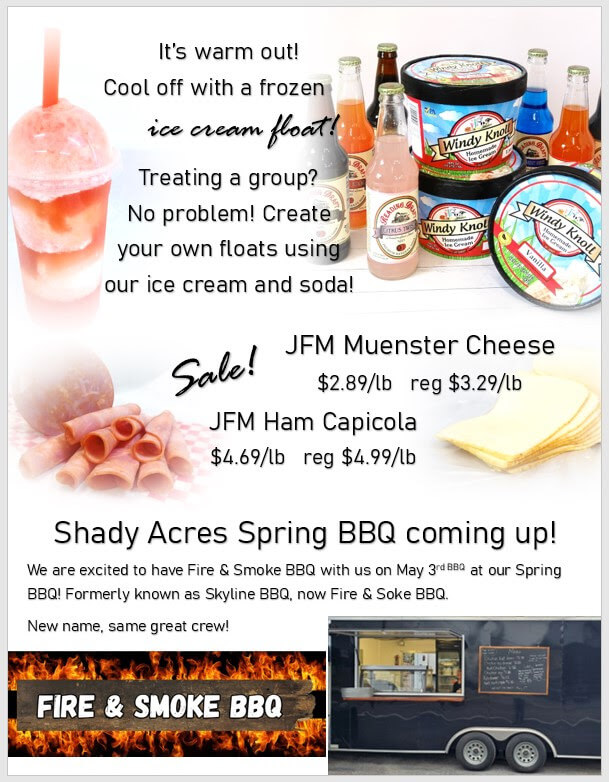 Promotional flyer for Shady Acres Spring BBQ, featuring cheese, ham, soda, ice cream floats, and a food trailer image, with sale prices and event details.