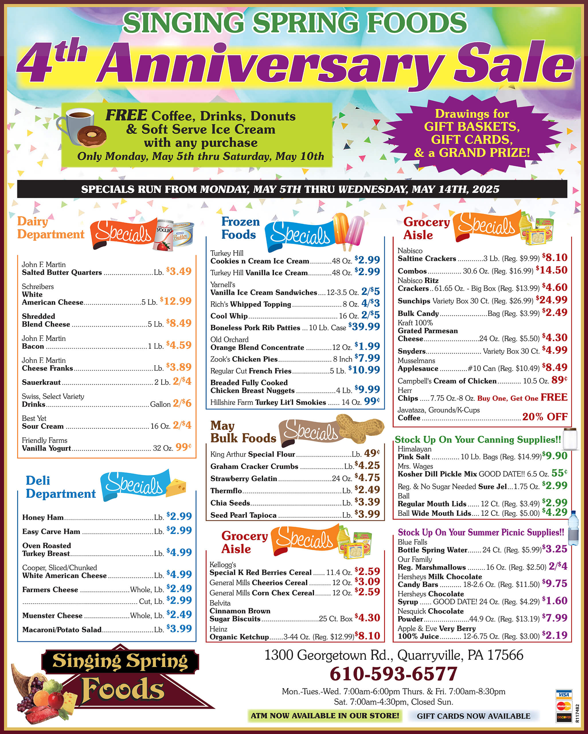 Singing Spring Foods 4th Anniversary Sale flyer listing discounted grocery, deli, dairy, and frozen items with sale dates, store hours, and contact information.