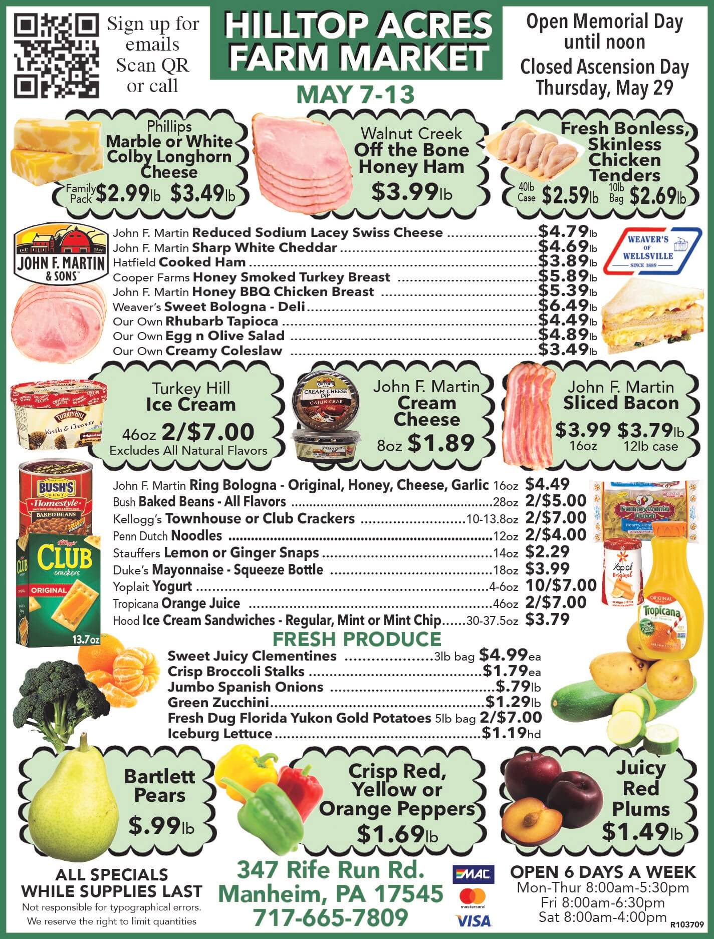Flyer for Hilltop Acres Farm Market showing weekly specials on meats, cheeses, produce, and grocery items, with store hours, location, and contact details listed at the bottom.