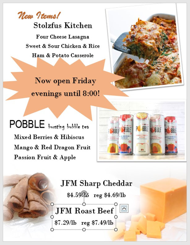 Menu flyer with photos of lasagna and roast beef, featuring new items, extended Friday hours, POBBLE bubble tea cans, and JFM sharp cheddar and roast beef with prices per pound.