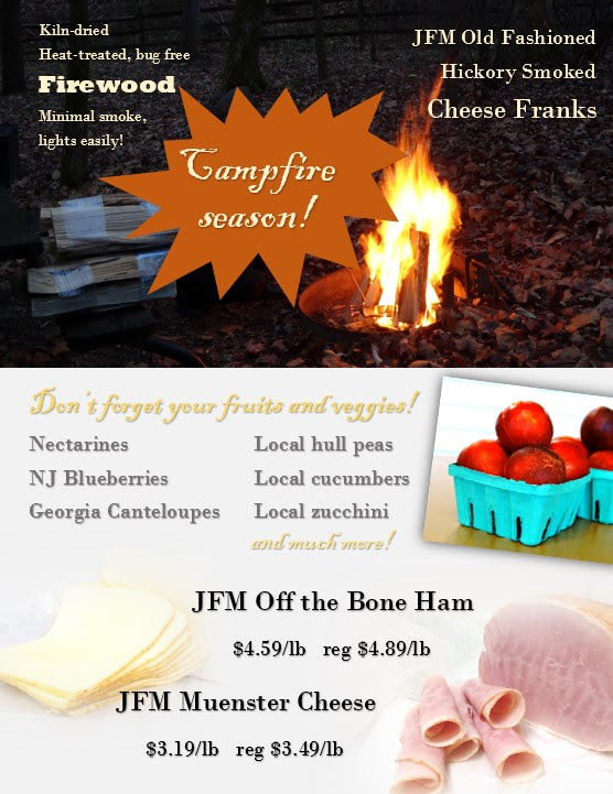 A campfire burns near stacked firewood; text advertises firewood, cheese franks, local produce, ham, and Muenster cheese with prices, featuring photos of fruit and sliced meats.