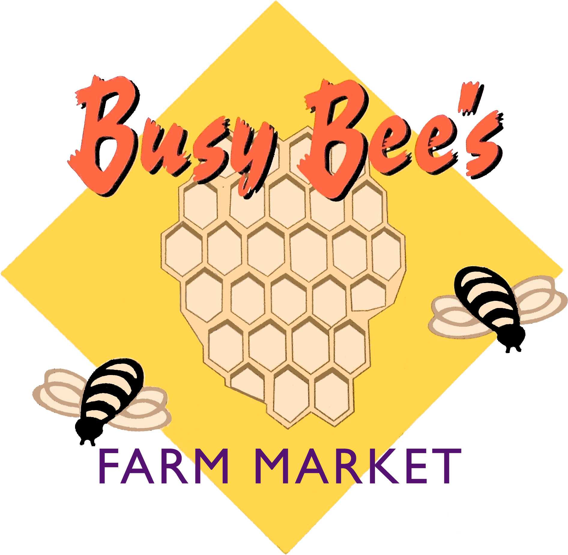 Busy Bee's Farm Market Ronks PA Logo with the text "Busy Bee's Farm Market," featuring two cartoon bees and a honeycomb on a yellow diamond background.