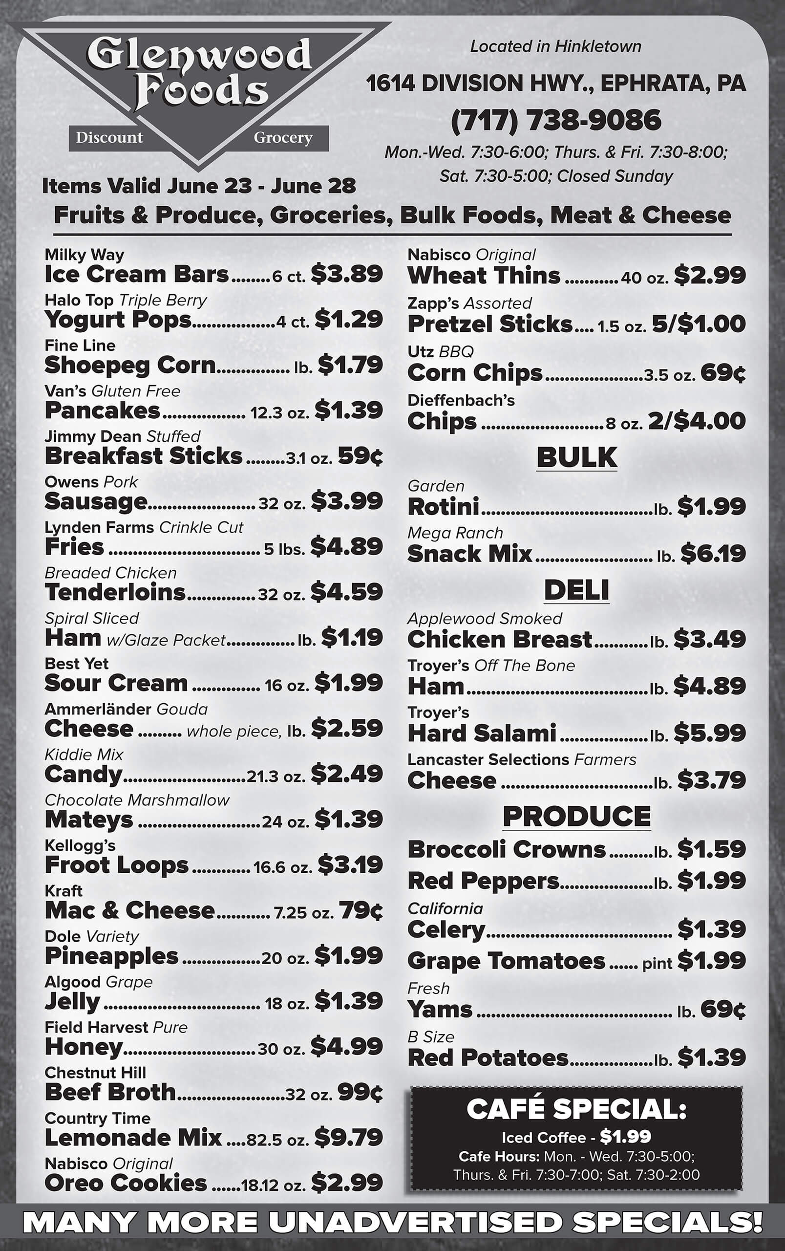 Grocery store flyer listing various discounted items and their prices, including snacks, dairy, deli, produce, household goods, and meats, valid from June 23 to June 28.