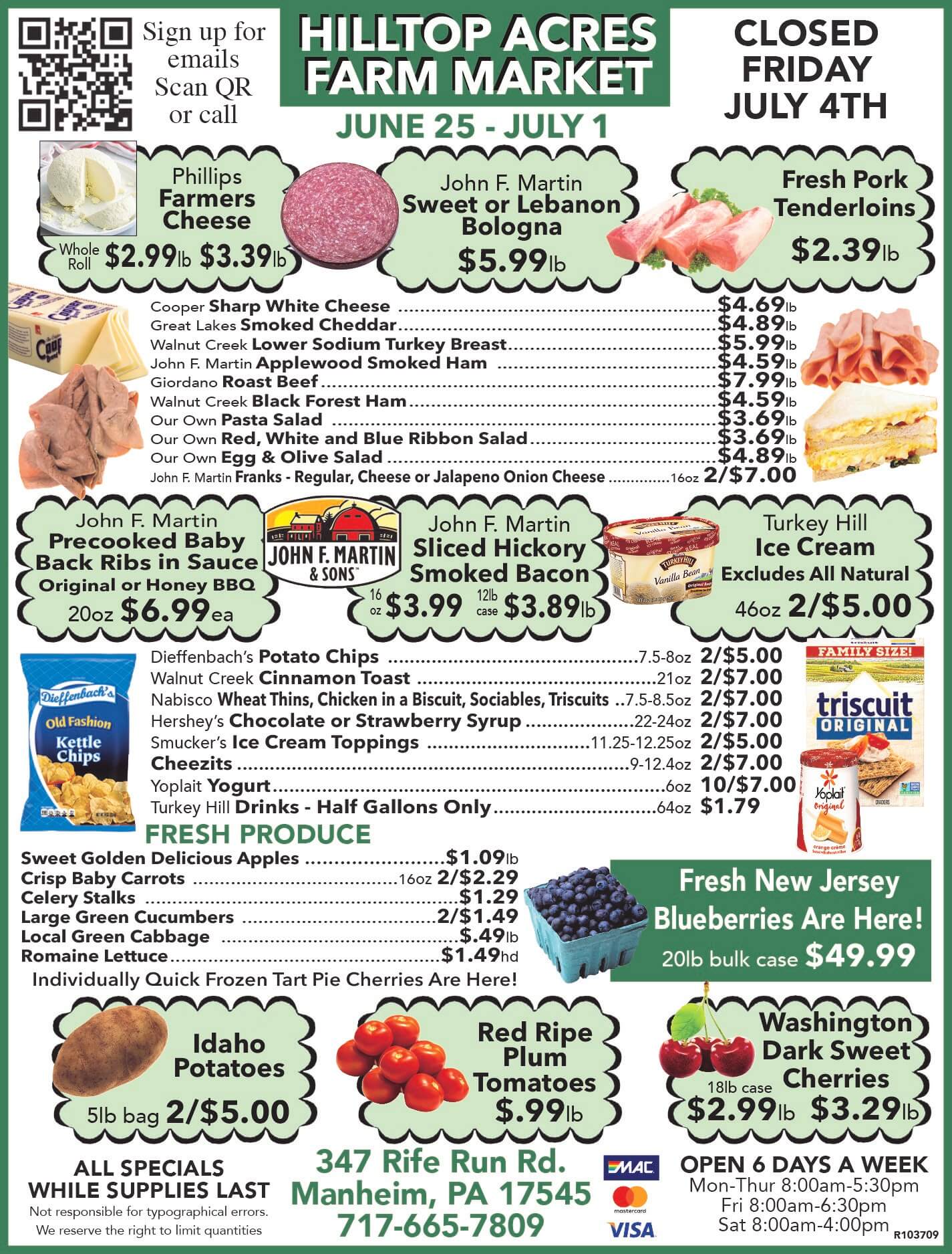 Flyer for Hilltop Acres Farm Market featuring weekly specials on meats, cheeses, produce, and baked goods, with hours, contact info, and a notice of closure on July 4th.