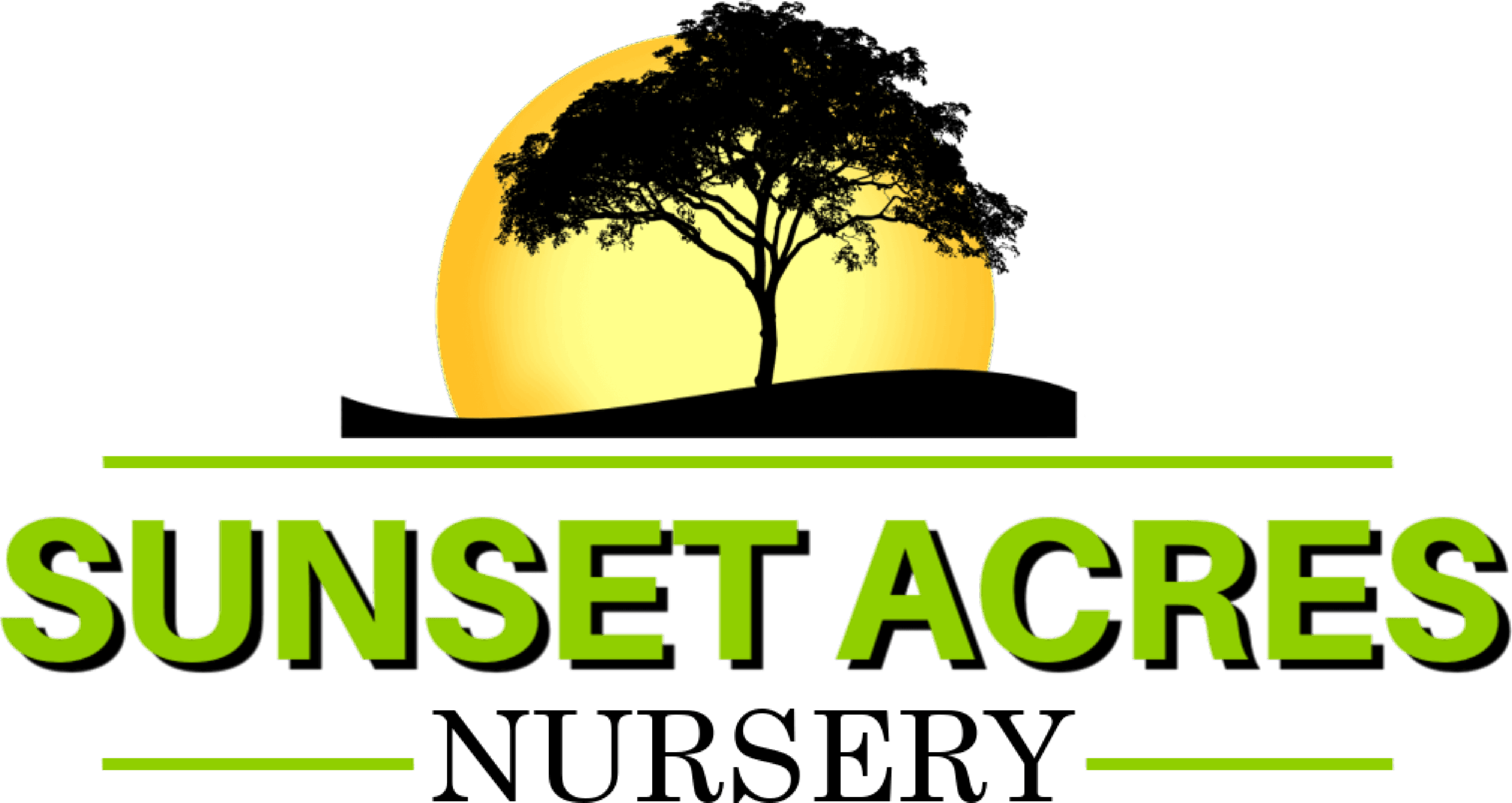 Logo for "Sunset Acres Nursery" featuring a tree silhouette in front of a yellow sun with green text and underline accents.