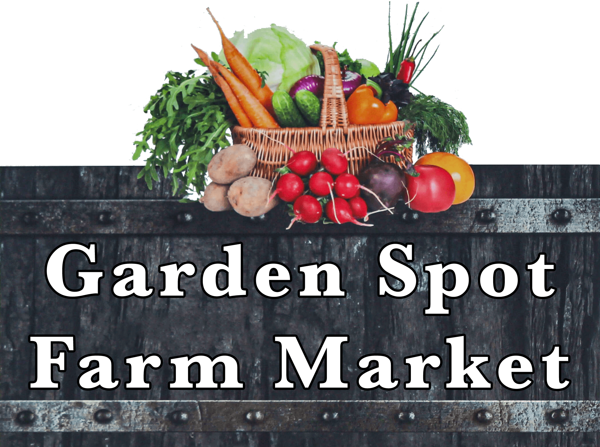 Garden Spot Farm Market New Holland PA A basket of assorted vegetables sits above a wooden sign reading "Garden Spot Farm Market" in bold white letters.