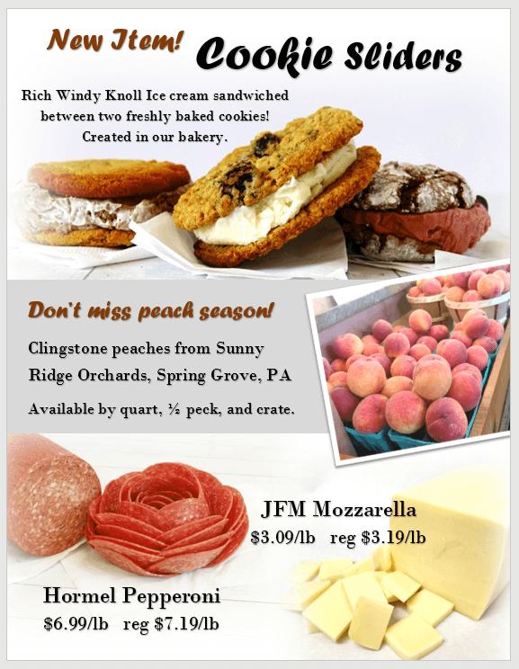 Flyer advertising cookie sliders with ice cream, Clingstone peaches in a basket, sliced Hormel pepperoni, and blocks and slices of JFM mozzarella cheese with prices listed.