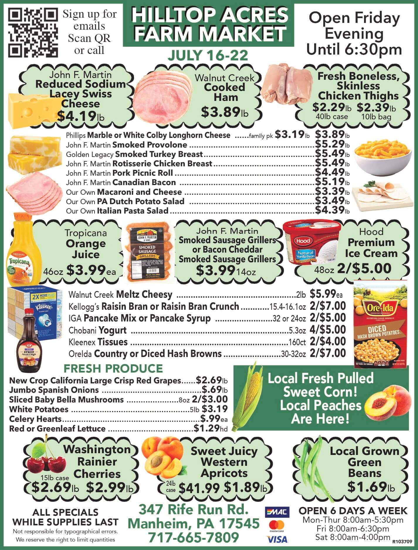Hilltop Acres Farm Market ad listing specials on deli meats, cheeses, produce, ice cream, drinks, and household items. Store hours and contact info are shown at the bottom.
