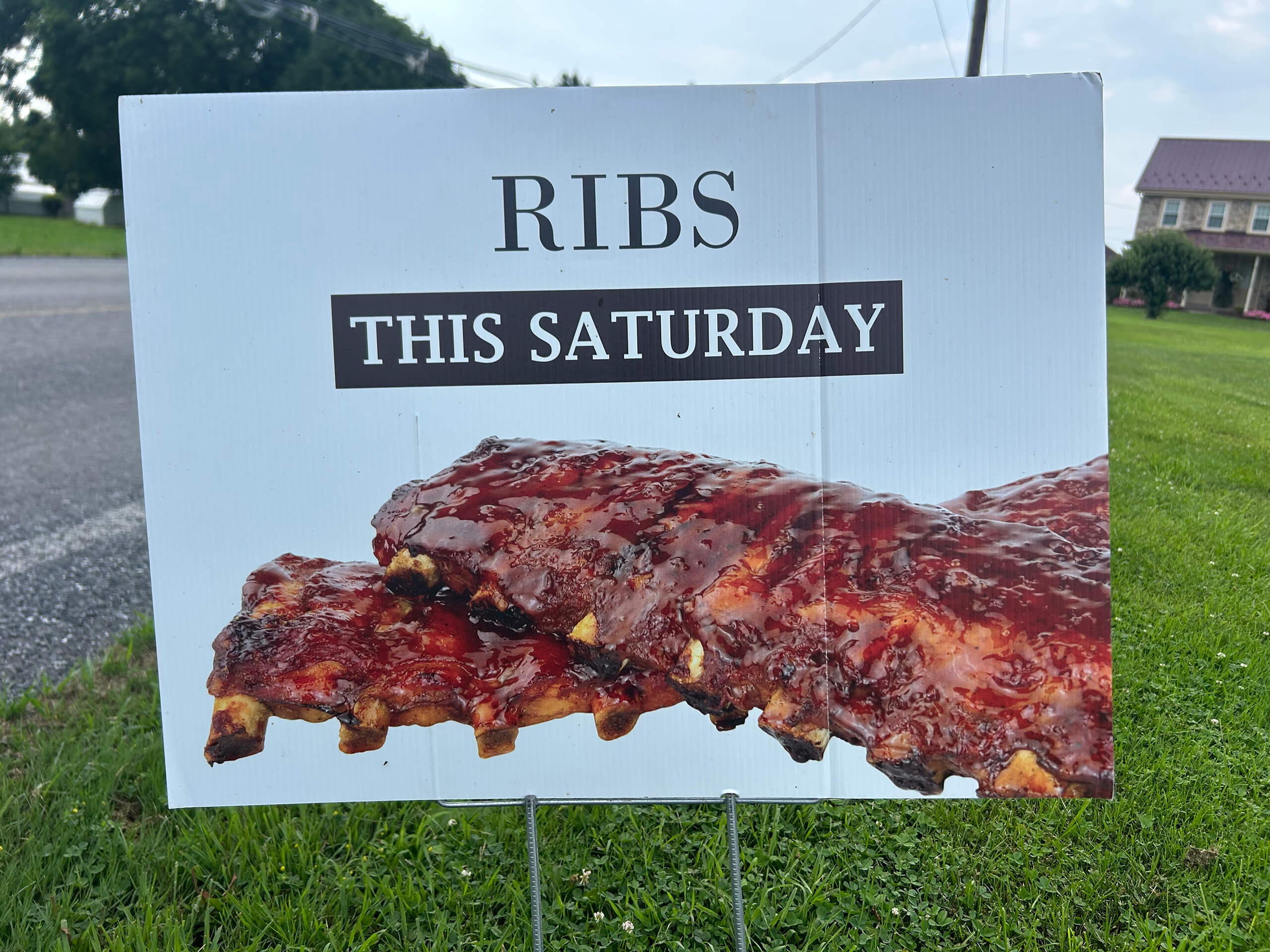 A yard sign with an image of glazed ribs and the text "Ribs This Saturday" displayed on a grassy lawn near a road.