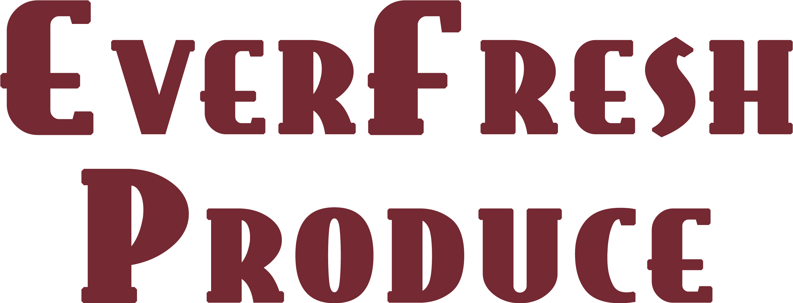 7.21.25 EverFresh Produce Logo The image shows the words "EverFresh Produce" in large, maroon, stylized font on a transparent background.