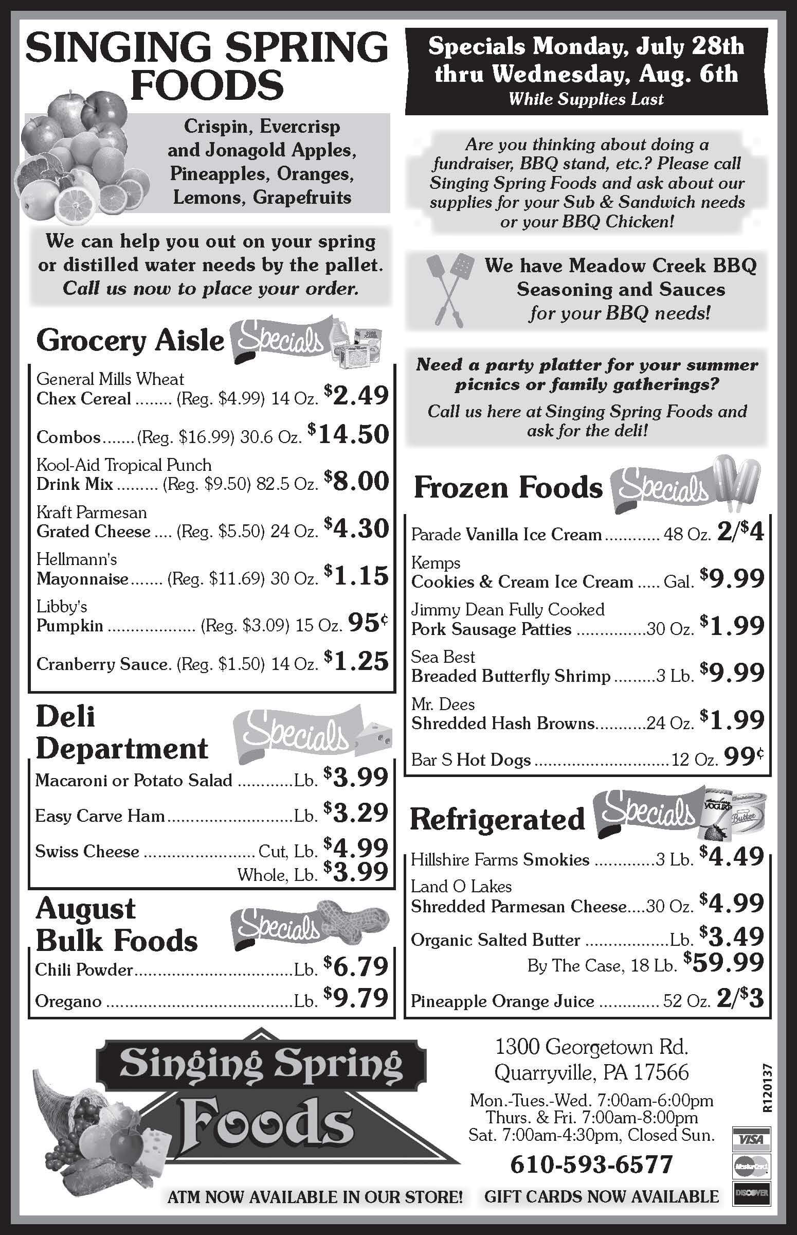 Black and white grocery store ad lists weekly specials on produce, groceries, deli items, frozen foods, meats, and beverages, with prices and store contact information.