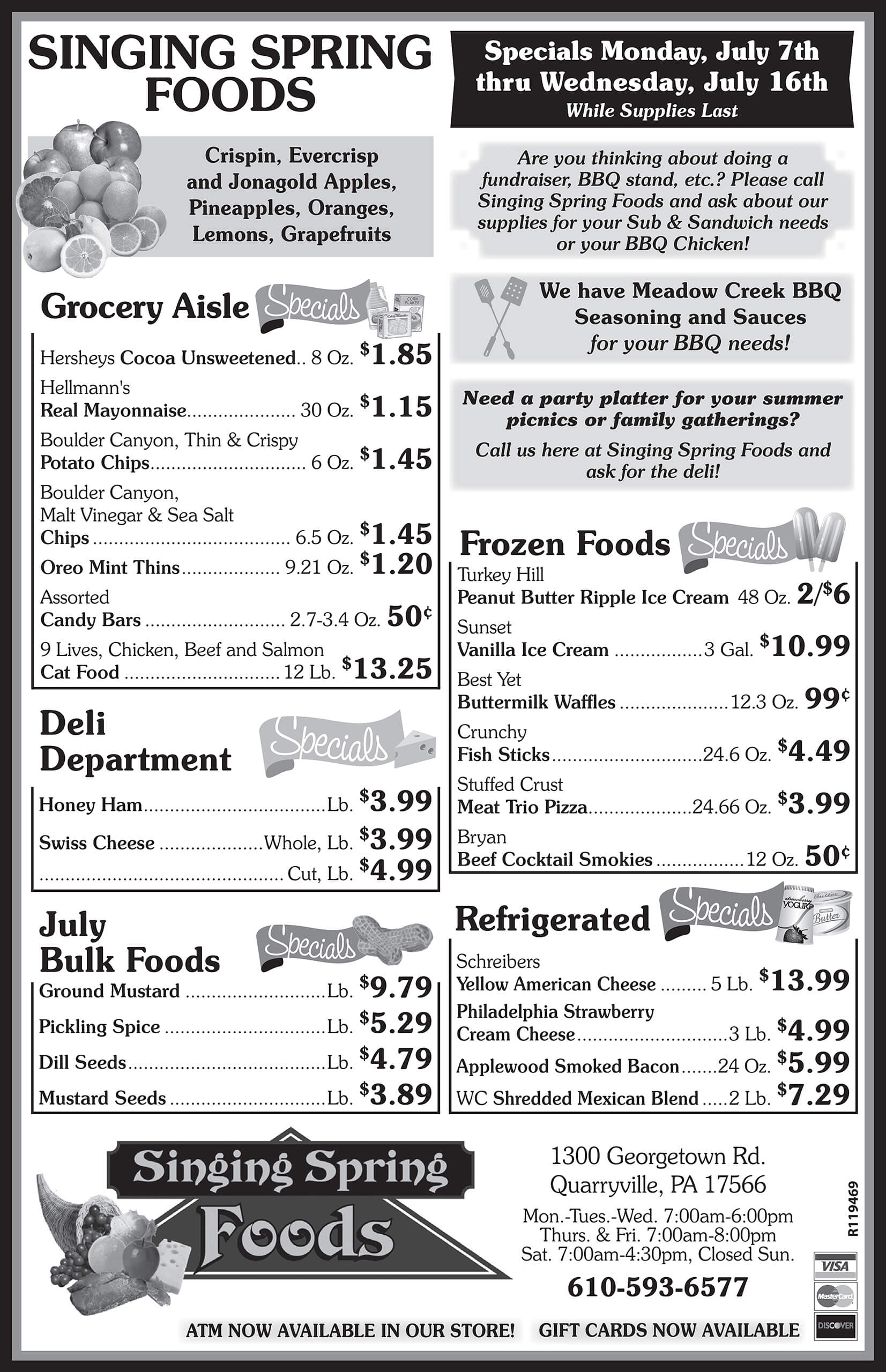 A black-and-white grocery store advertisement features various food item specials, prices, and store information for Singing Spring Foods.