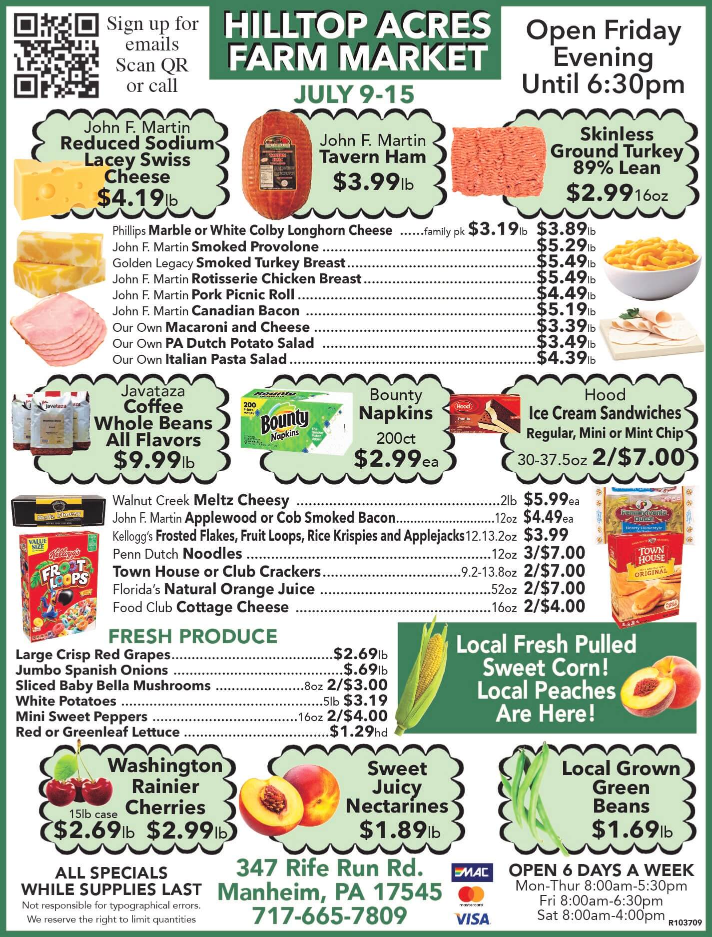 Hilltop Acres Farm Market flyer showing weekly specials on deli meats, cheeses, produce, snacks, and store hours, valid July 9-15, with prices and contact information.