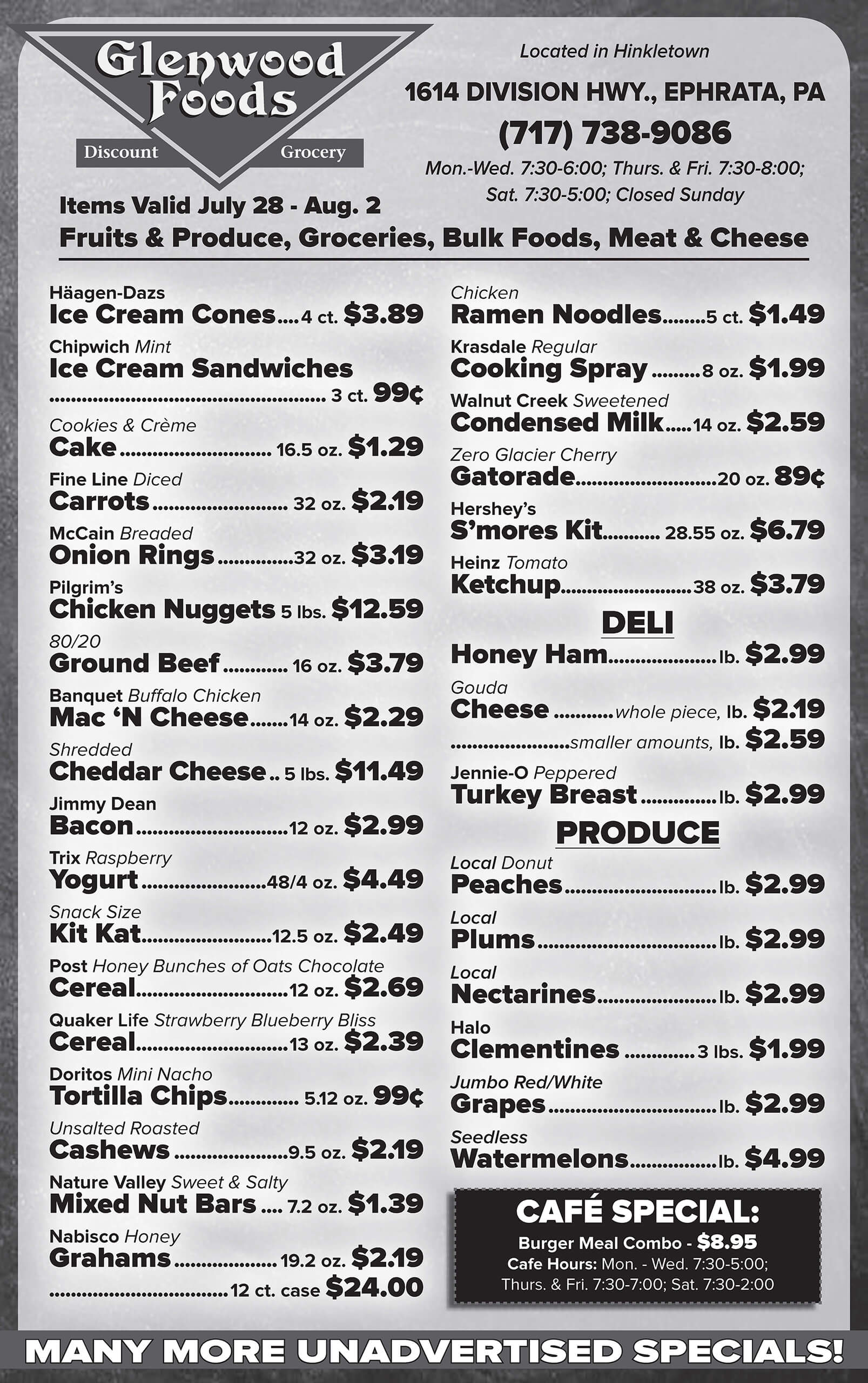 Black-and-white grocery store flyer listing food specials and prices, including produce, deli, canned goods, dairy, snacks, and a café special, with store address and contact details at the top.