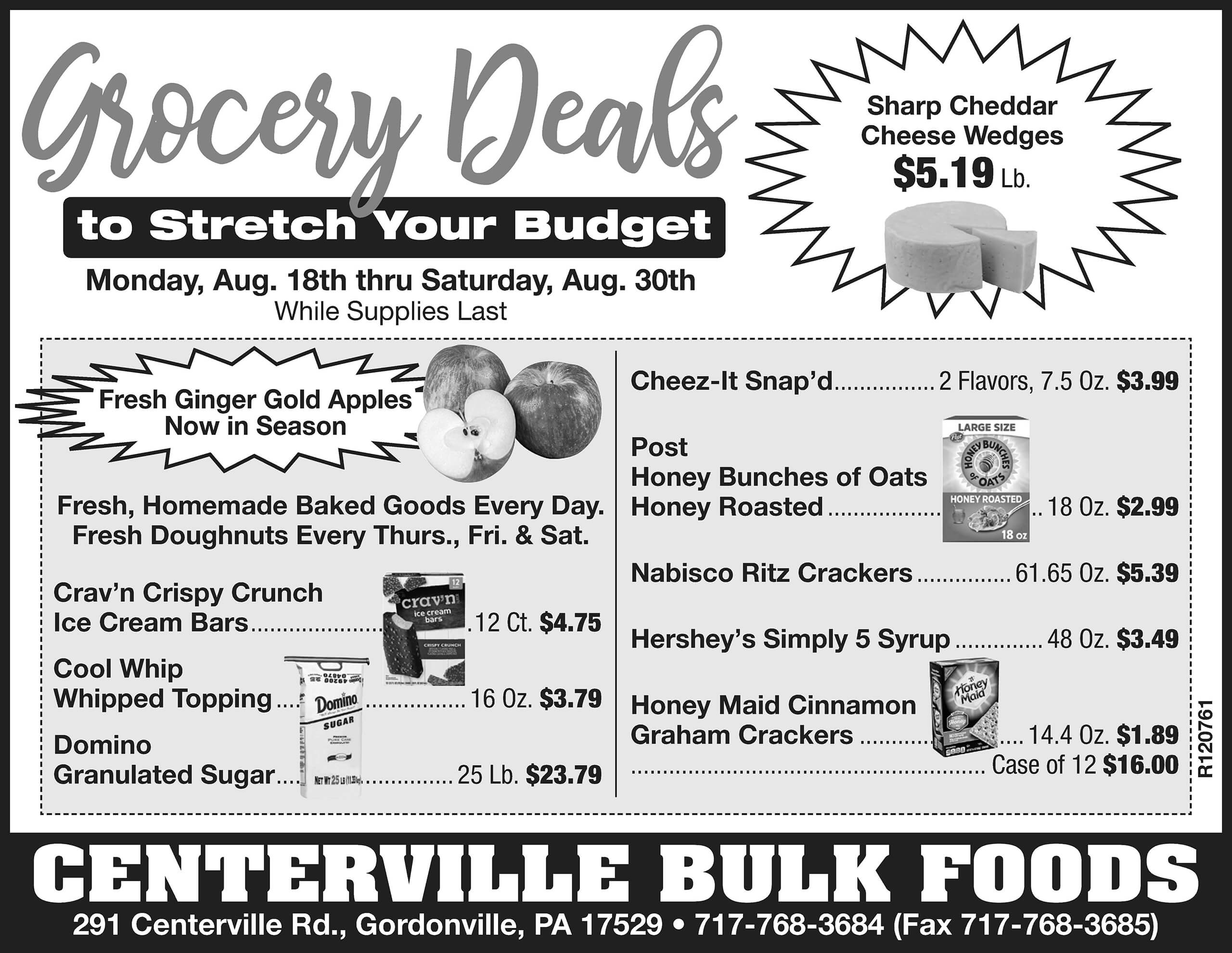 Black-and-white grocery store ad with deals on foods such as cheese, apples, ice cream, soup, crackers, and chips, valid August 18–30 at Centerville Bulk Foods in Gordonville, PA.
