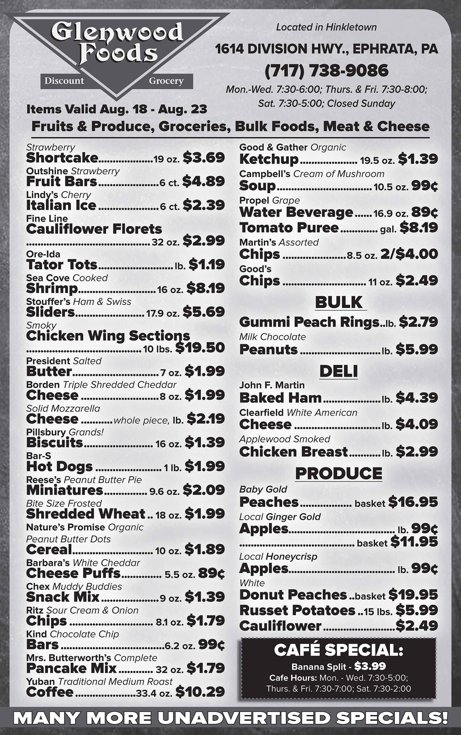 Grocery store flyer listing prices for various fruits, vegetables, groceries, bulk foods, meat, and cheese, valid August 18-23 at Glenwood Foods, Ephrata, PA.