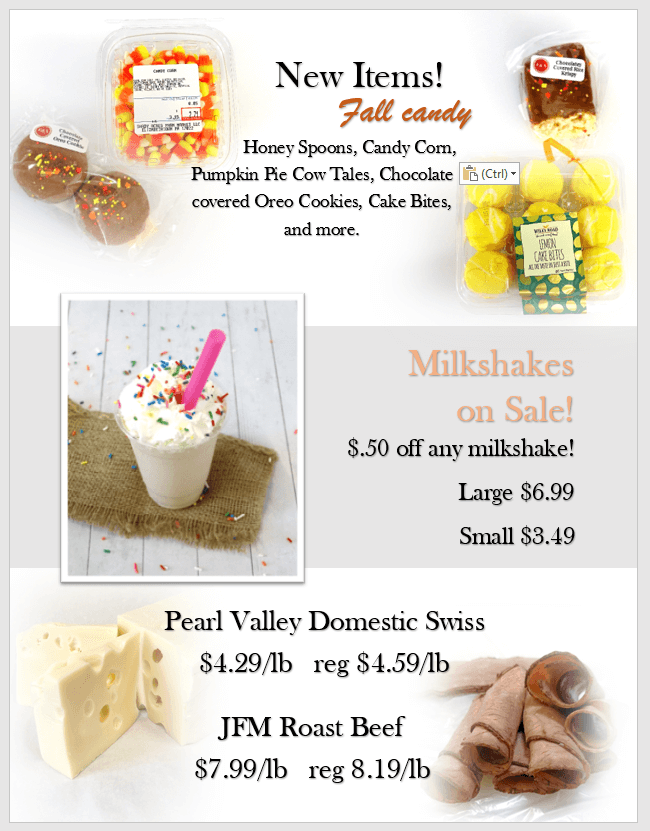 Promotional flyer featuring new fall candy items, a $0.50 discount on milkshakes, and sale prices for Pearl Valley Swiss cheese and JFM roast beef.