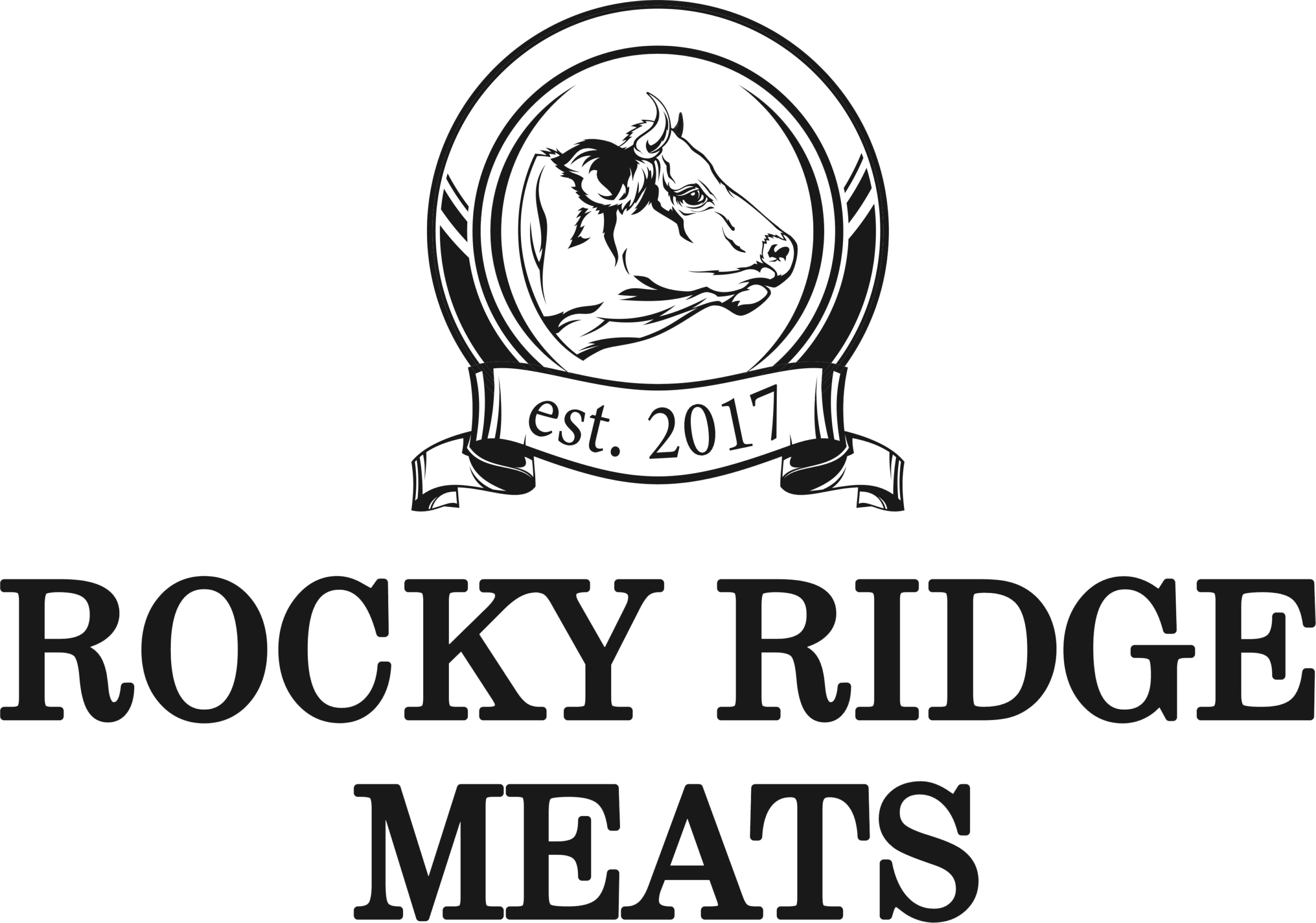 Rocky Ridge Meats Ronks PA Logo for Rocky Ridge Meats with a cow illustration above the text and a banner reading "est. 2017.