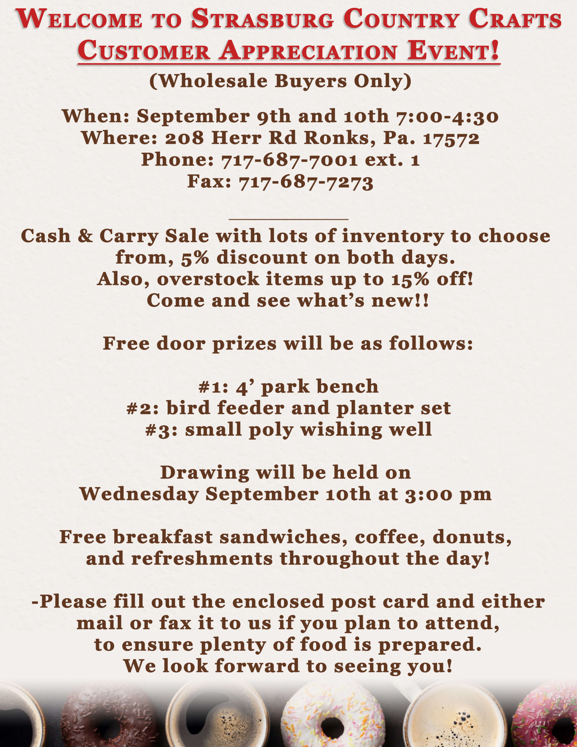 Flyer advertising a customer appreciation event with sales, door prizes, free breakfast, and RSVP instructions at Strasburg Country Crafts for wholesale buyers only.