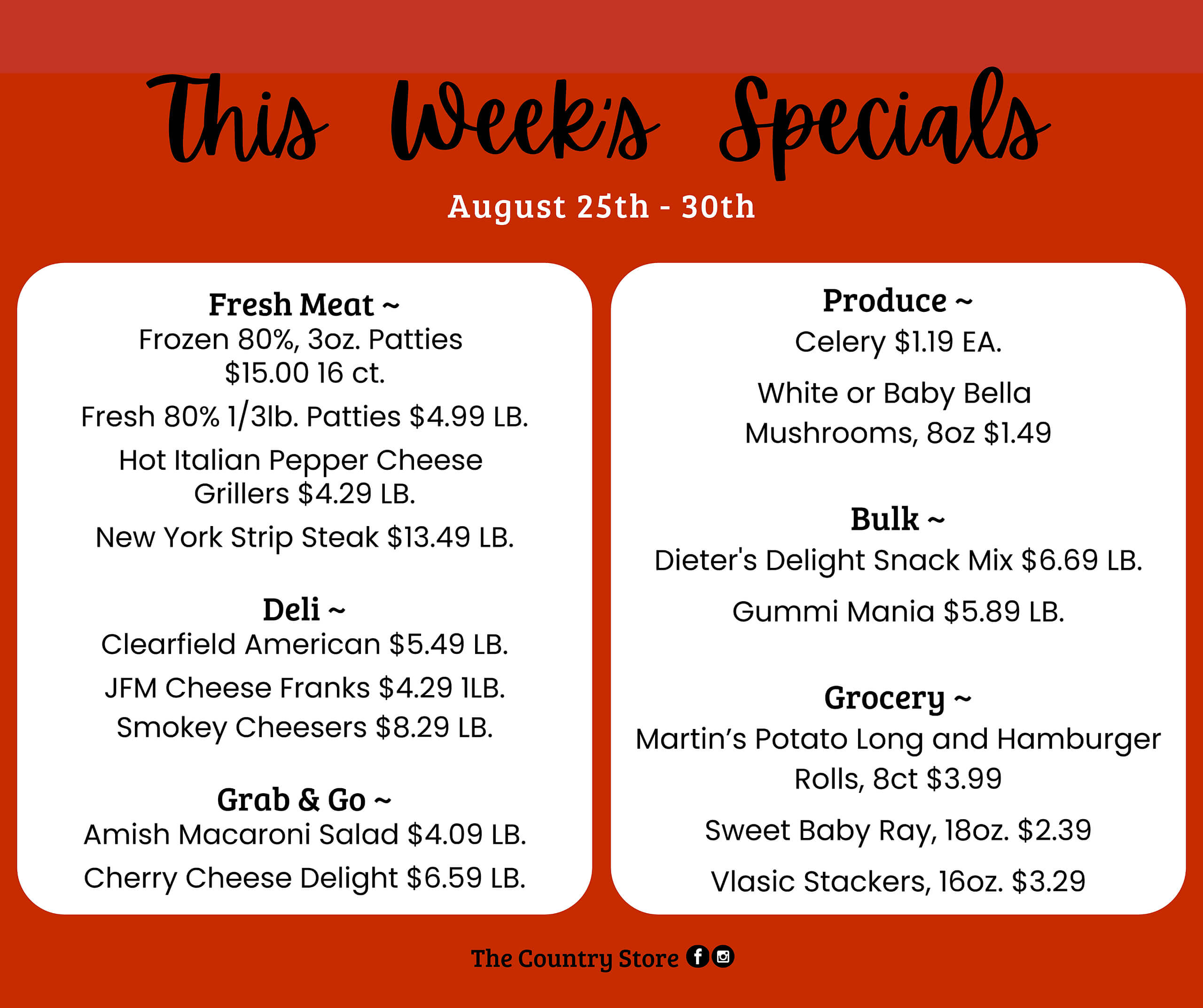 Store specials for August 25-30 listed in categories: fresh meat, deli, grab & go, produce, bulk, and grocery, with prices for each item at The Country Store.