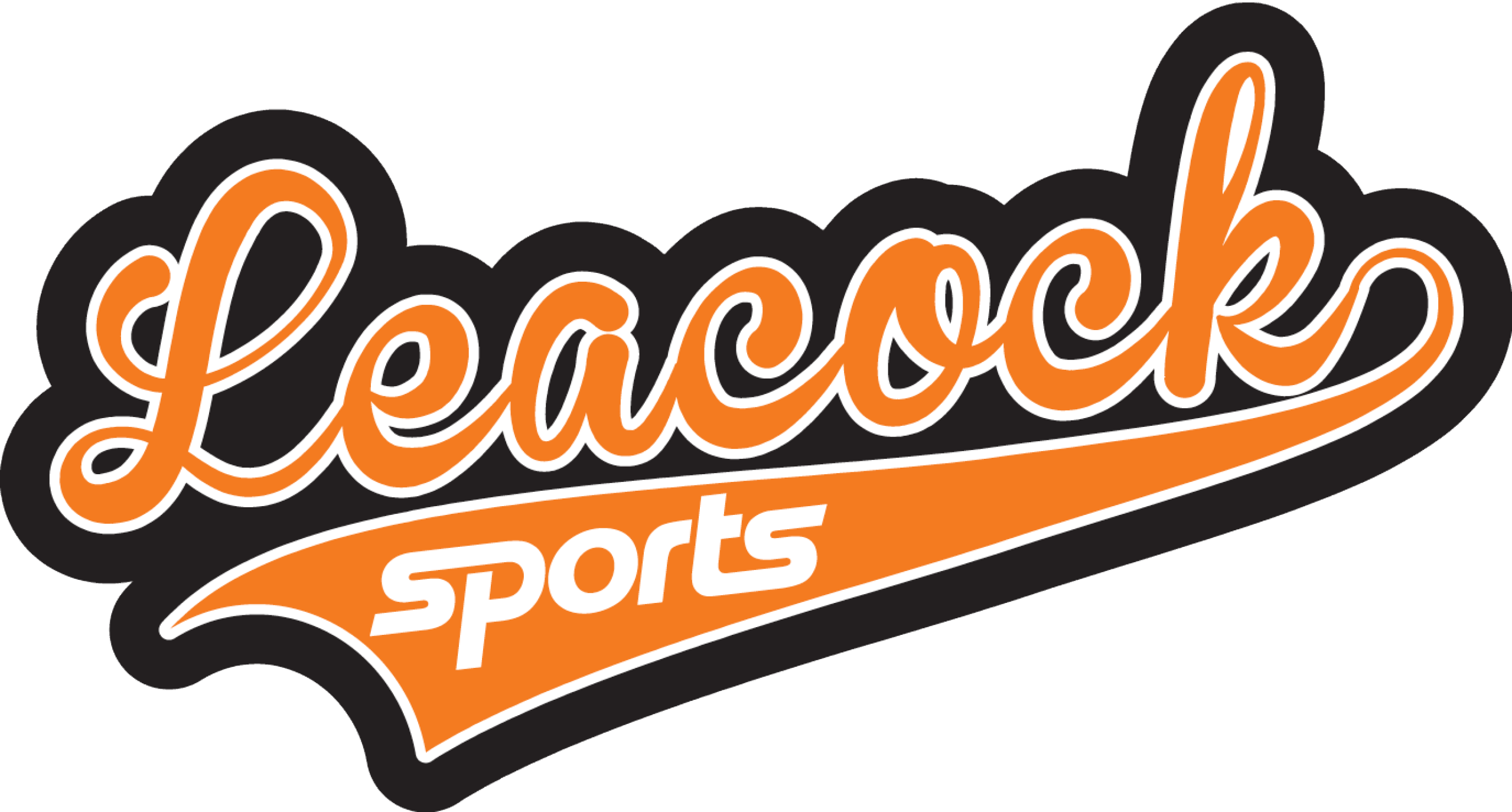 Leacock Sports Gordonville PA Logo with the word "Leacock" in orange cursive and "sports" in white lowercase letters, both outlined in black with an orange swoosh underline.