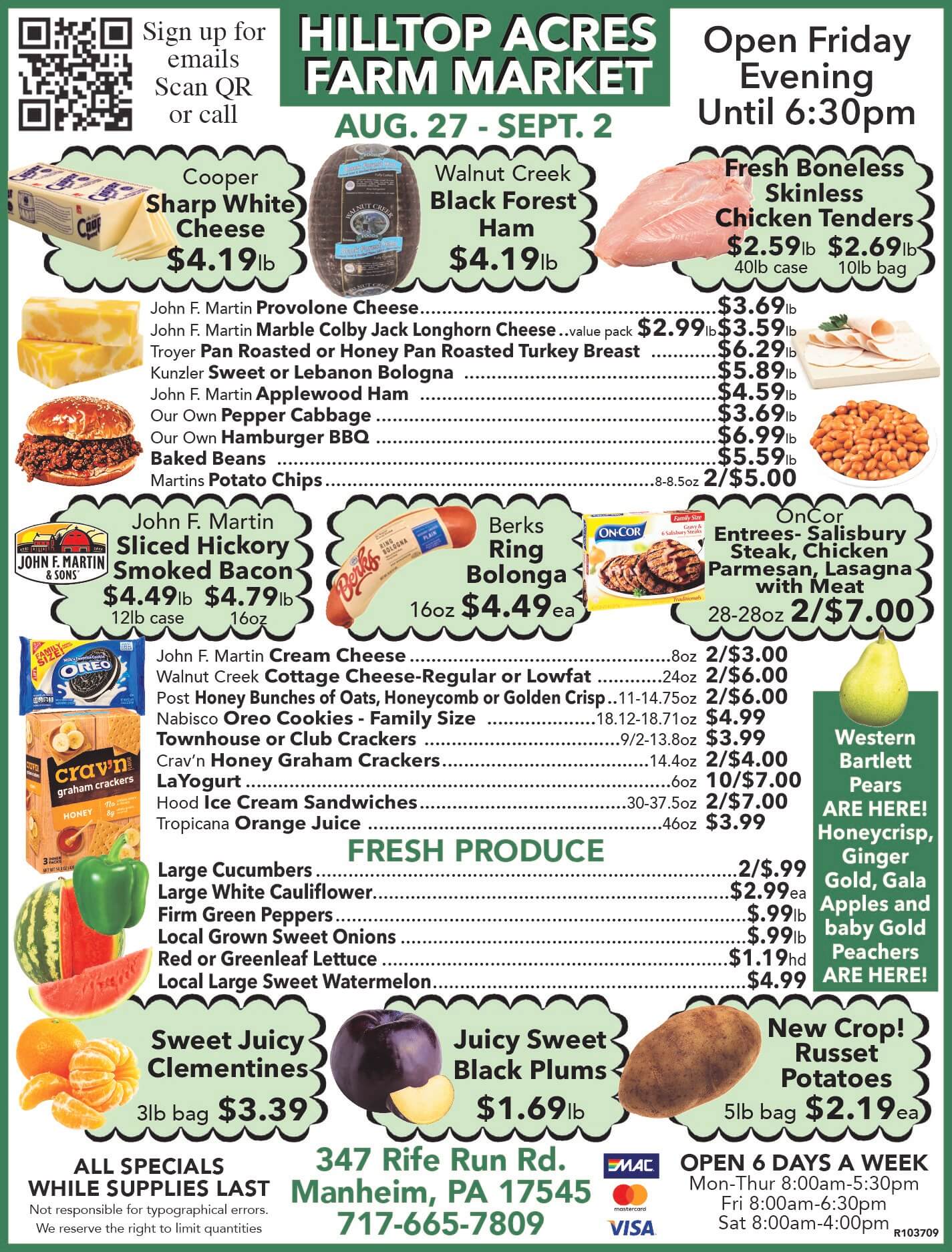 Hilltop Acres Farm Market flyer lists weekly specials on cheeses, meats, produce, bakery, and other grocery items, with prices, dates, and contact information displayed.