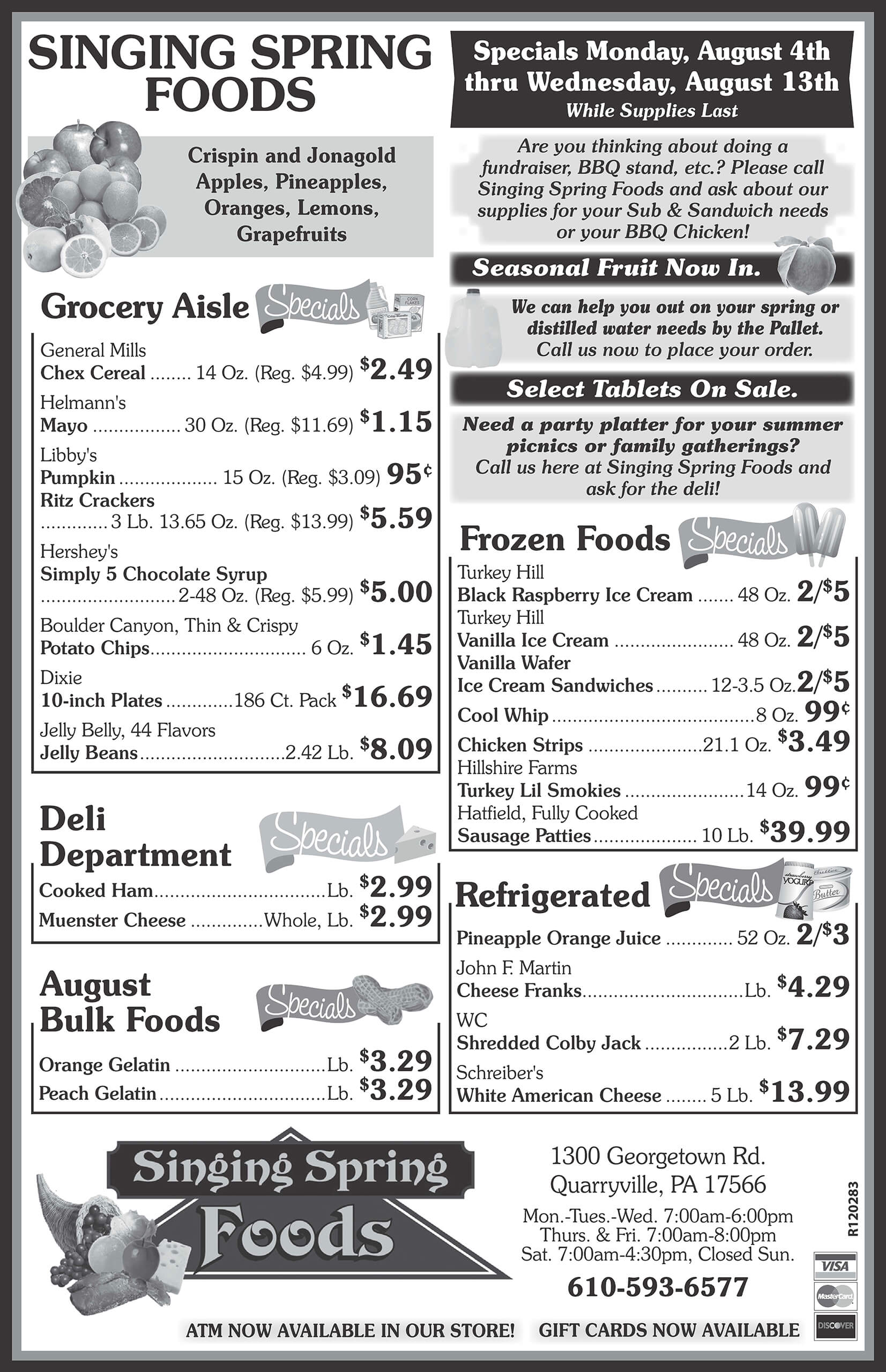 Weekly grocery store ad for Singing Spring Foods featuring sales on items like cereals, canned goods, deli meats, frozen foods, snacks, beverages, and produce specials.