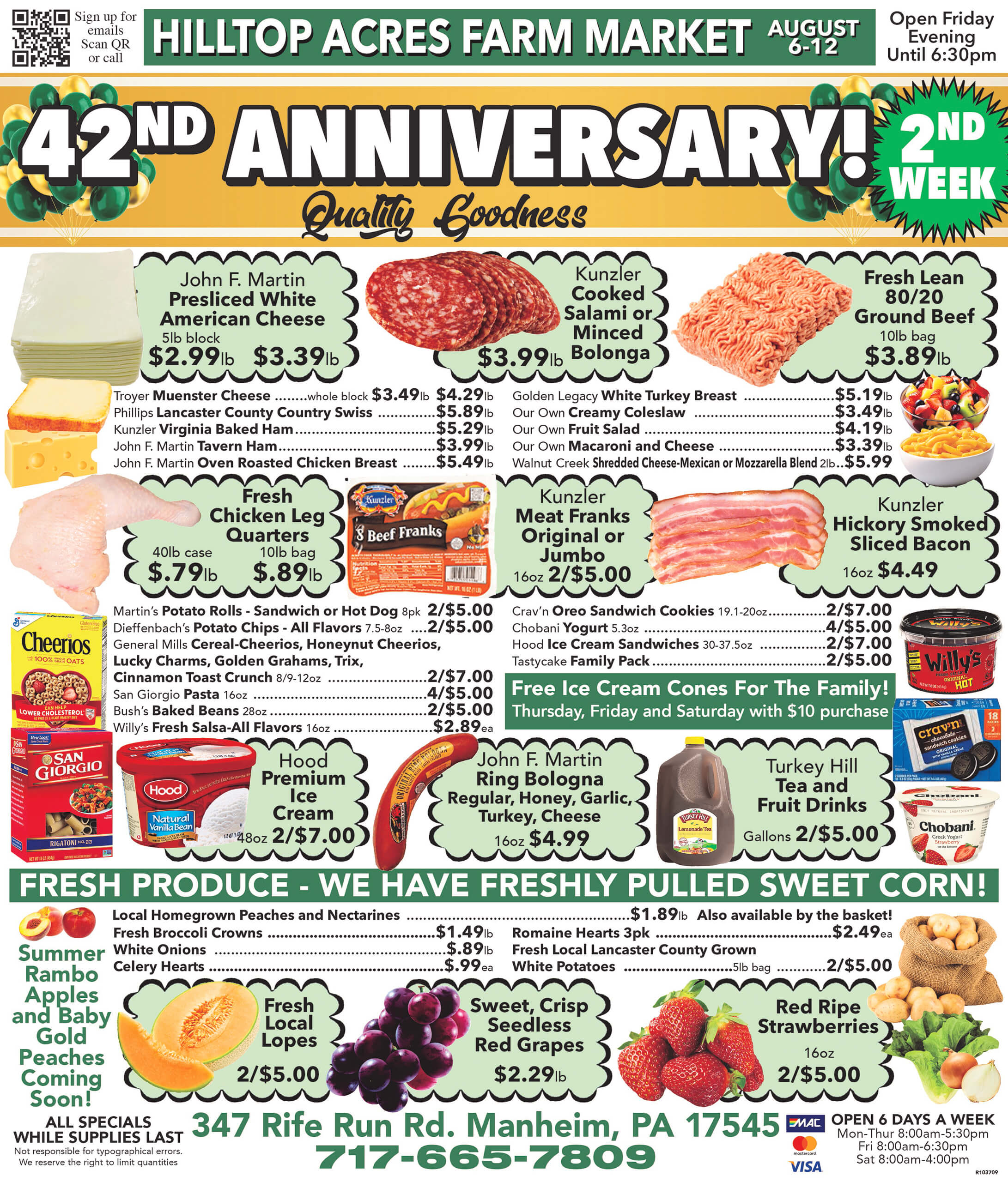 Colorful supermarket flyer advertising Hilltop Acres Farm Market’s 42nd anniversary specials, including meats, produce, baked goods, and grocery items, with prices and product images displayed.