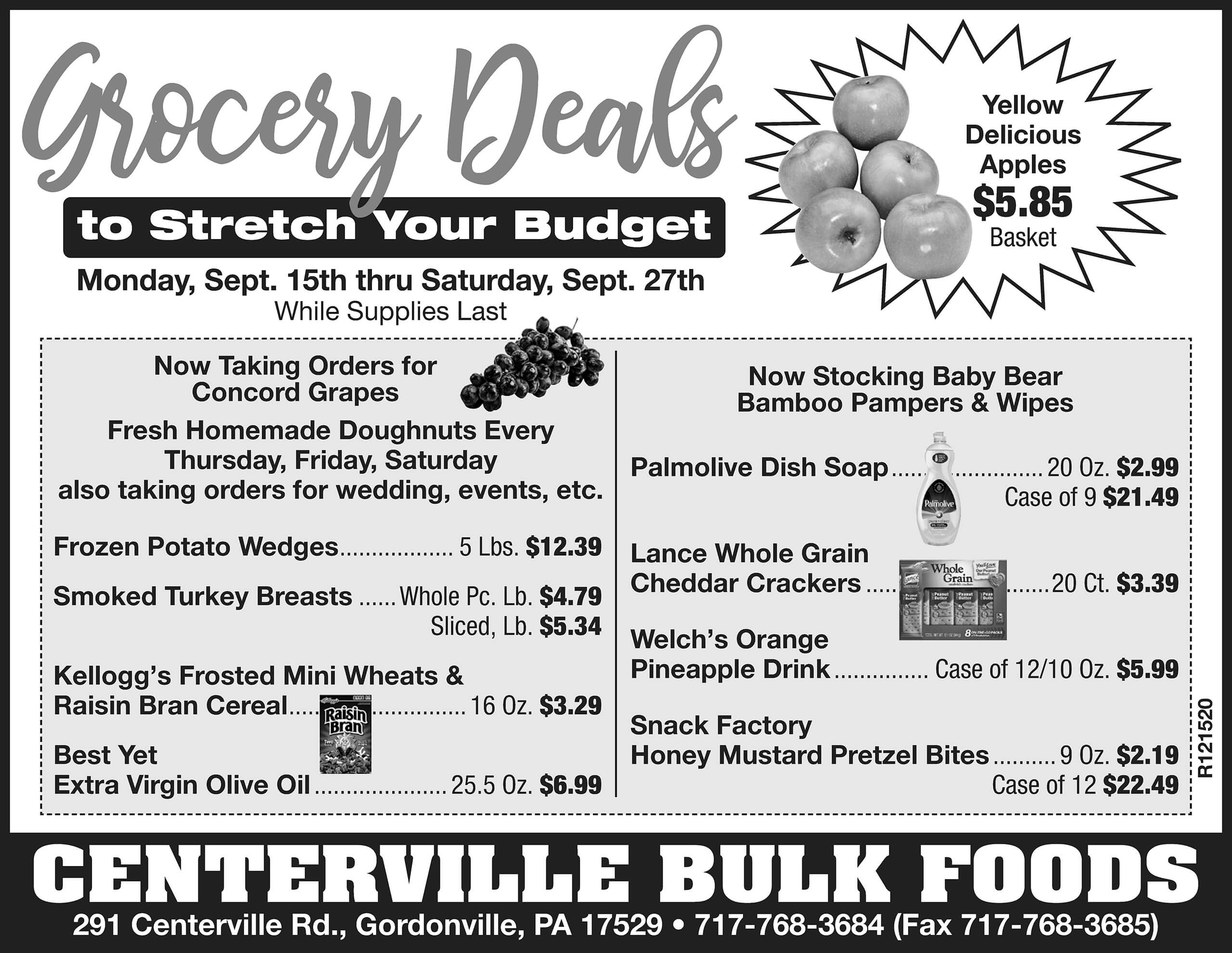 Black and white grocery store ad featuring deals on apples, frozen potatoes, grapes, bulk foods, and snacks, with store details for Centerville Bulk Foods in Gordonville, PA.