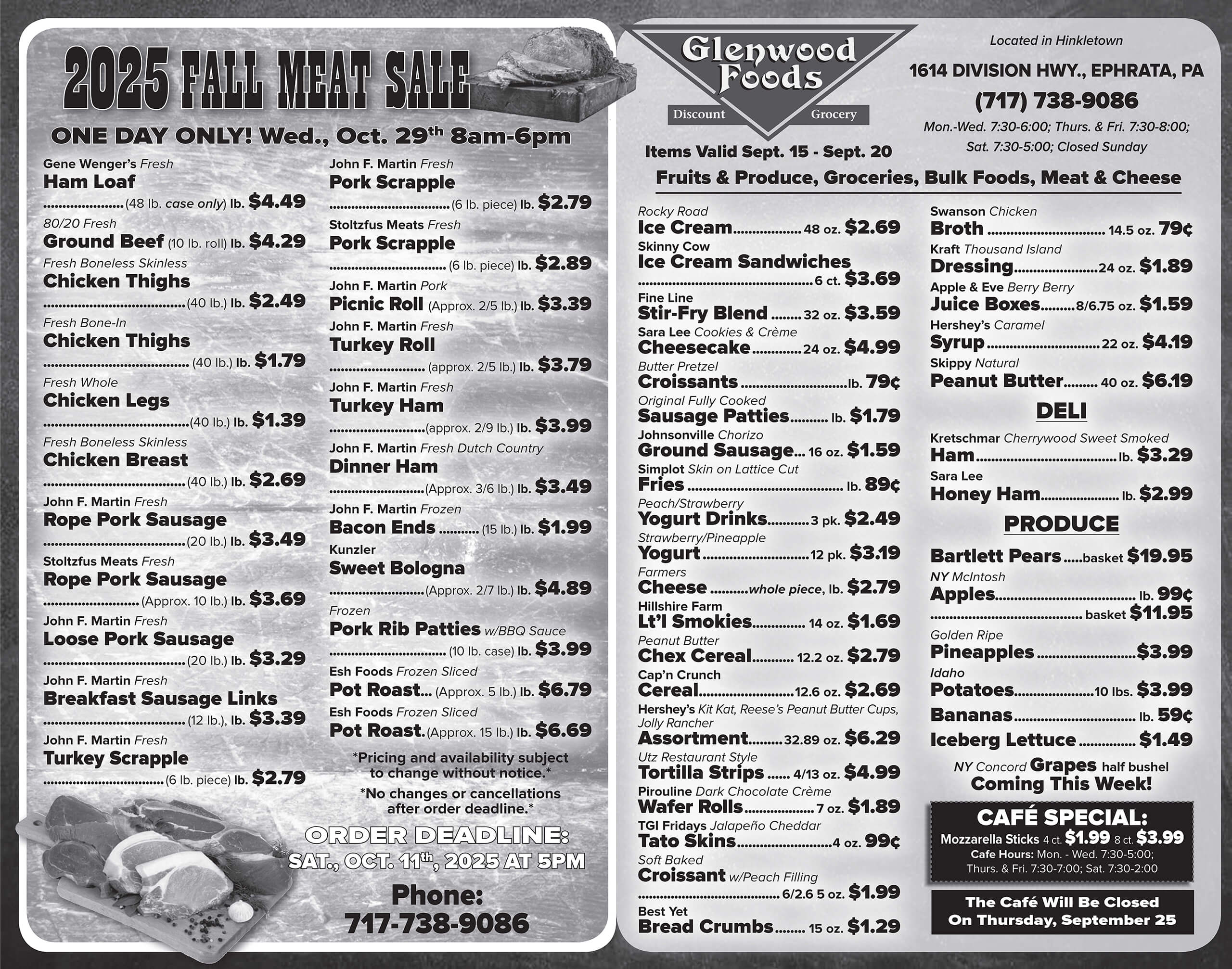 Black and white flyer listing meats, groceries, and deli items with prices for Glenwood Foods' 