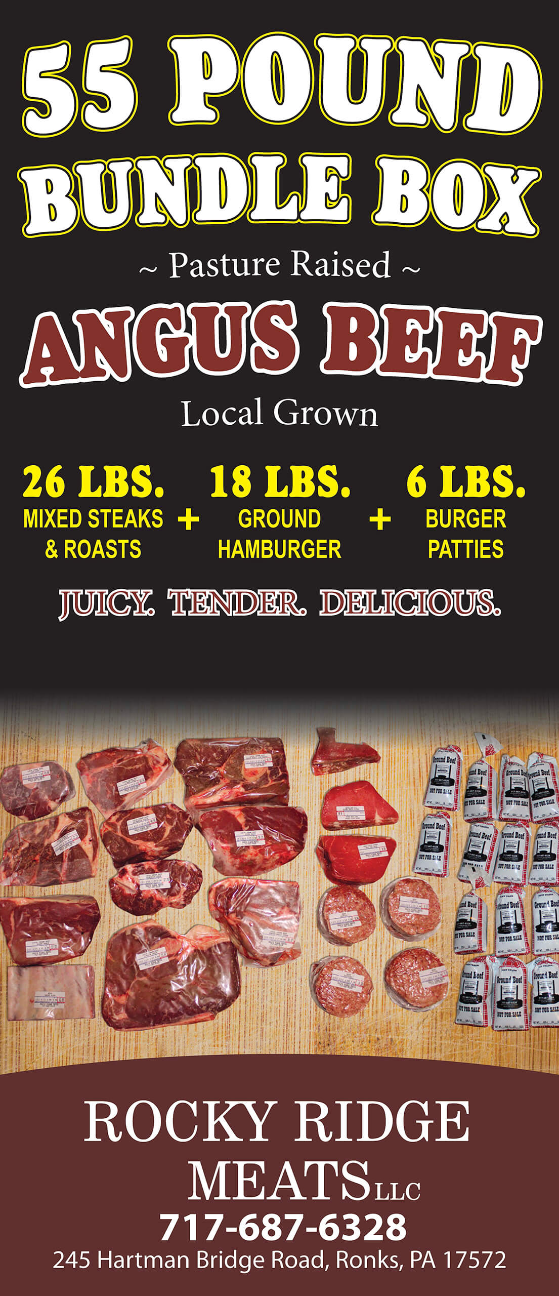 Poster advertising a 55-pound Angus beef bundle box with mixed steaks, roasts, ground hamburger, and burger patties from Rocky Ridge Meats; contact info and images of packaged meats shown.
