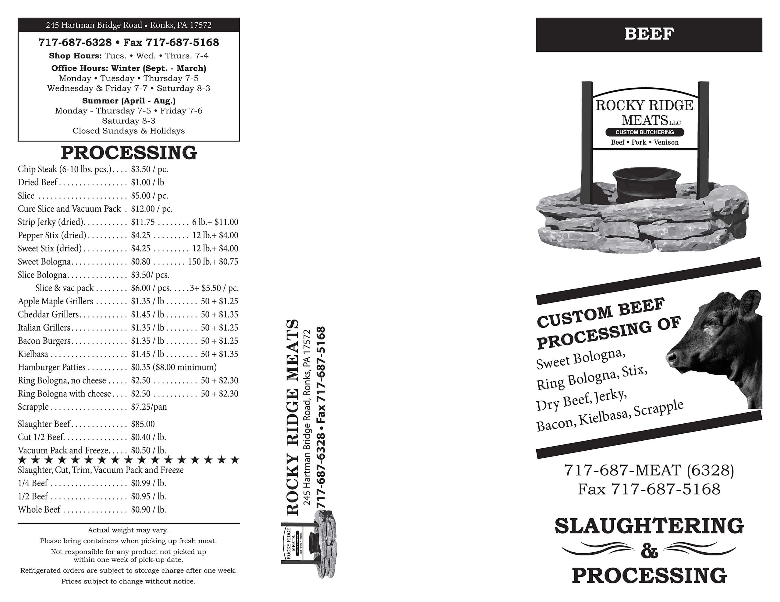 Tri-fold brochure for Rocky Ridge Meats detailing beef processing, custom beef products, and contact information, with an image of a cow and a stone sign reading 
