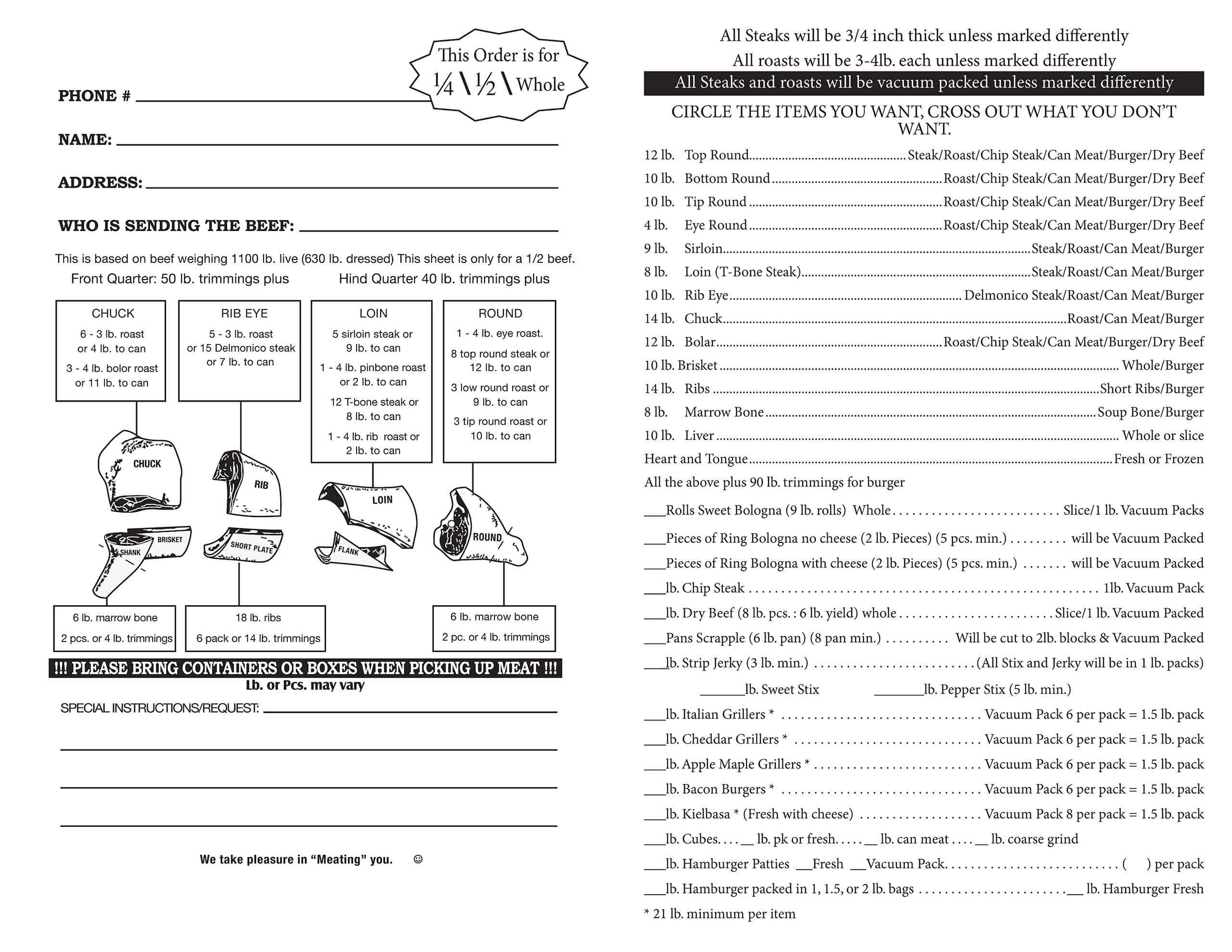 Beef order form with diagrams of beef cuts on the left and a list of steak and meat options to circle or cross out on the right. Spaces for personal and order details are included.