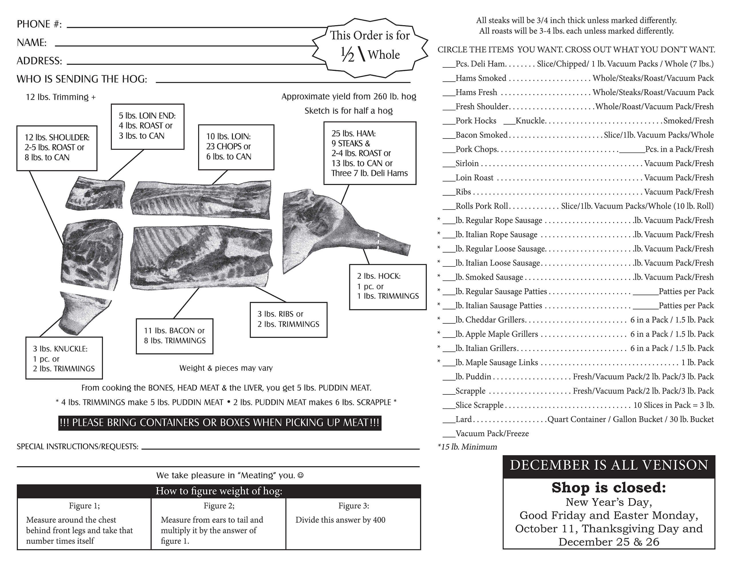 A detailed meat cut order form showing a diagram of hog cuts, order details, checkboxes for meat preferences, and shop hours and closure dates.