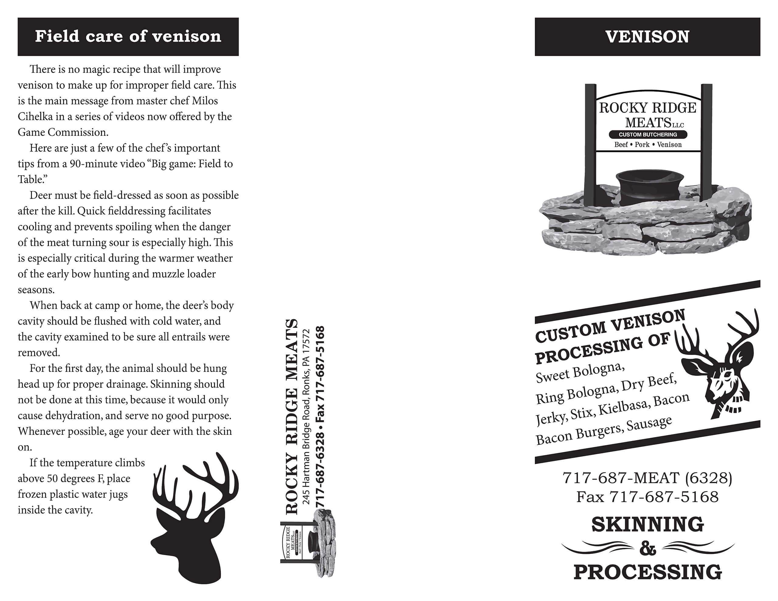 Tri-fold brochure about venison care and processing with text, deer illustrations, and a logo for Rocky Ridge Meats featuring a well. Contact details and services offered are listed.