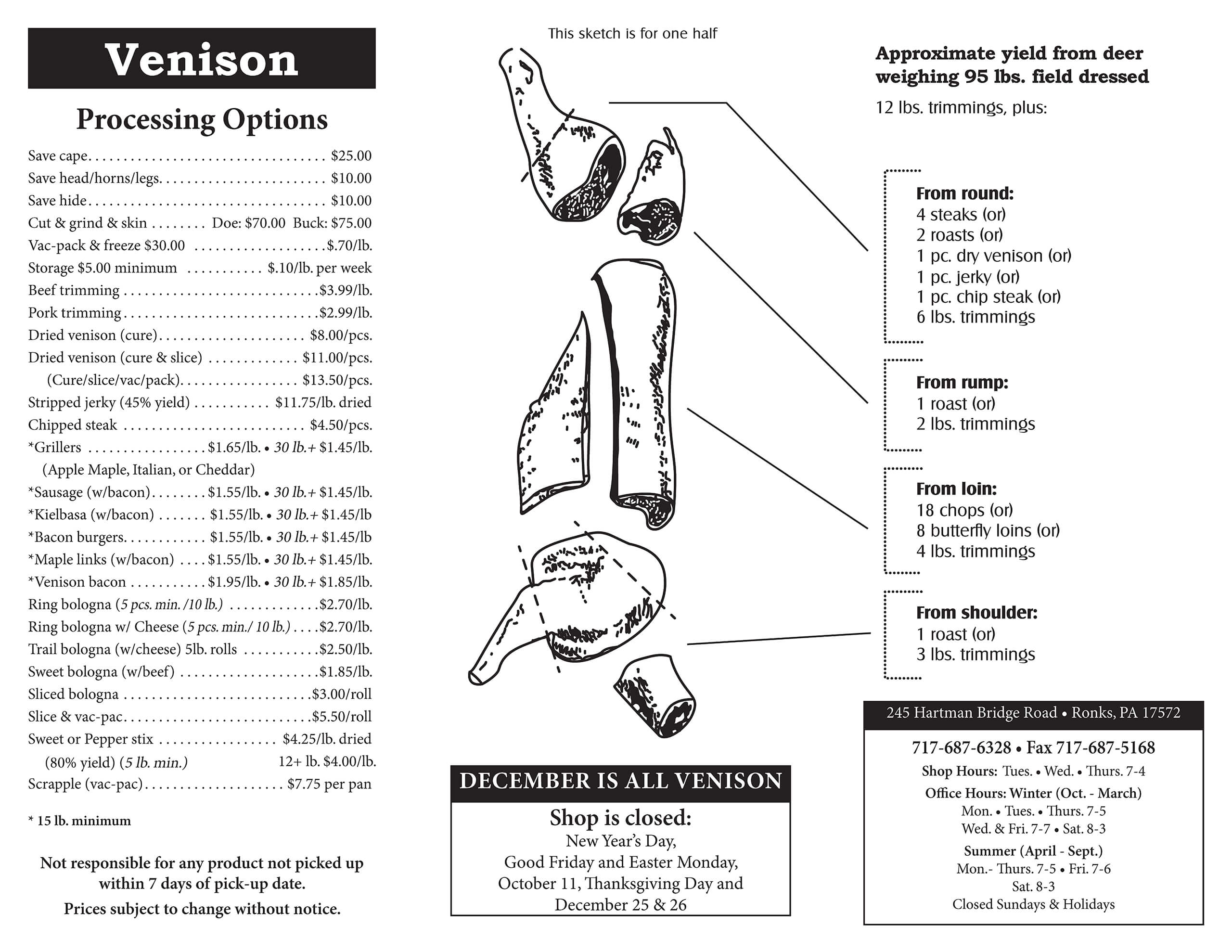 Venison meat processing options and pricing menu with diagram of venison cuts, directions for ordering, shop hours, and contact information.