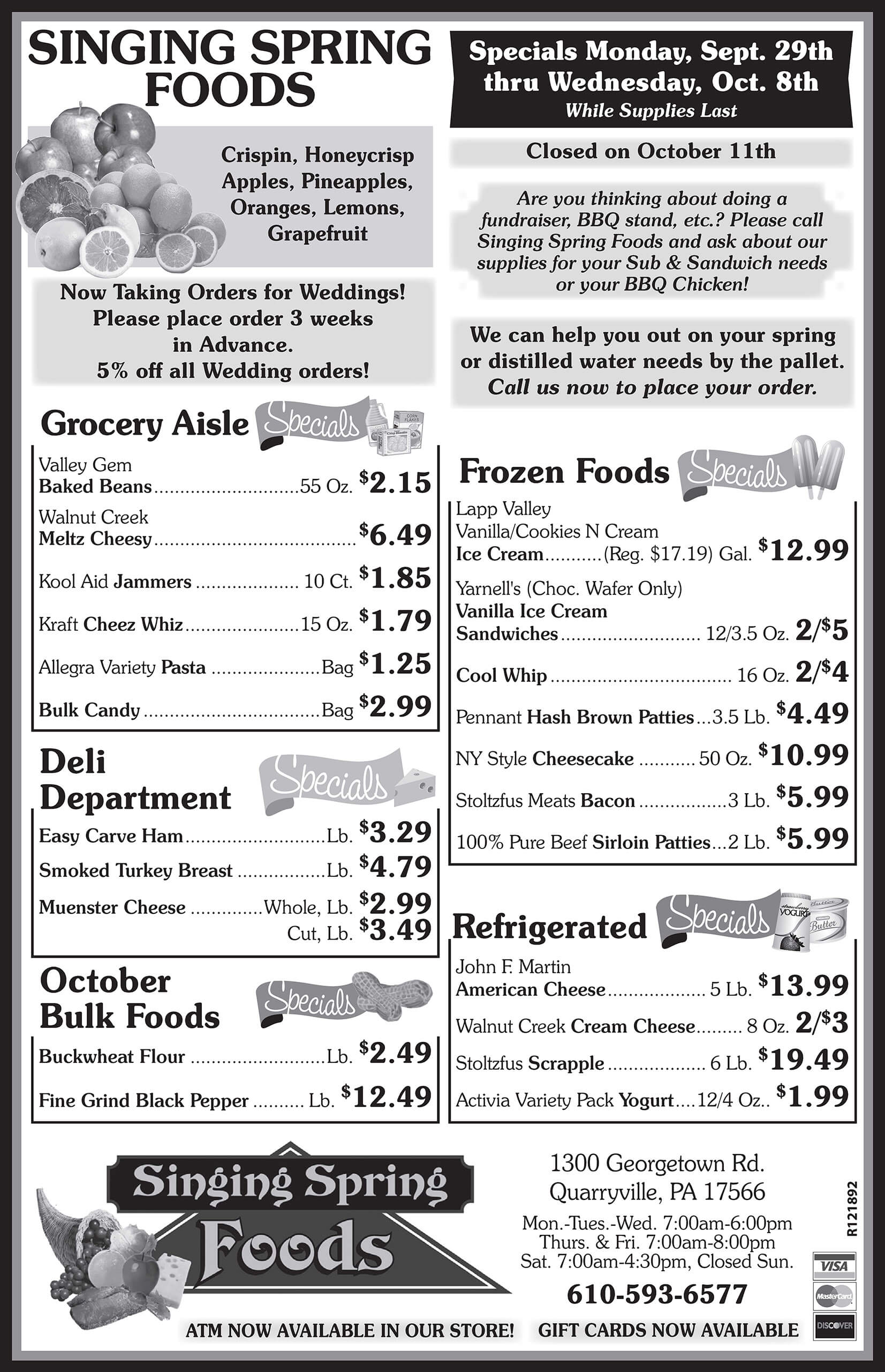 Black and white grocery store flyer listing prices for products in grocery, deli, frozen foods, produce, and refrigerated sections, with event announcements and contact information.