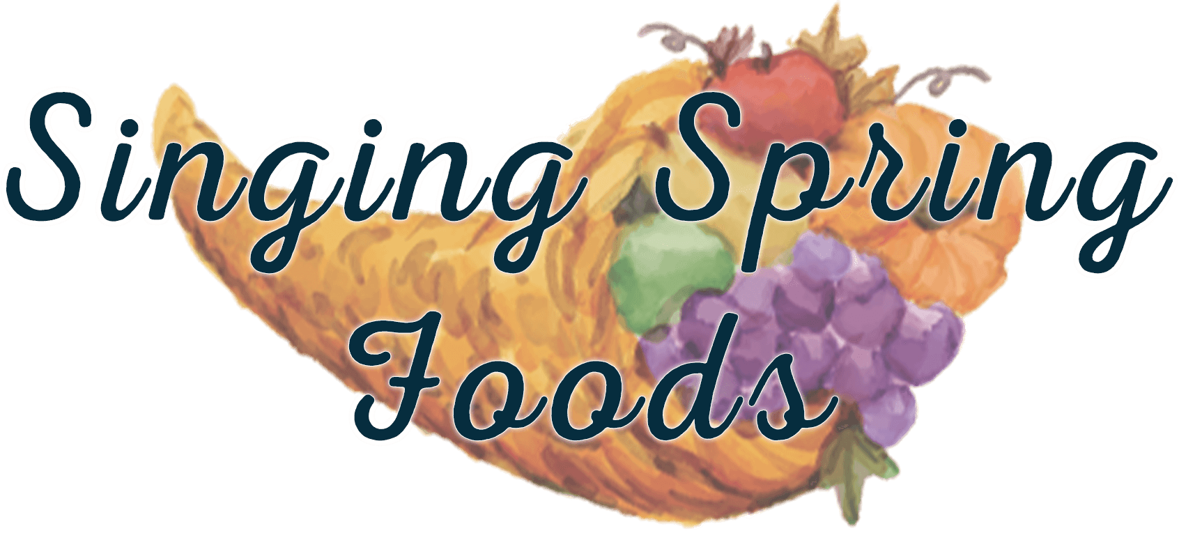 Logo with the words "Singing Spring Foods" over an illustrated cornucopia filled with fruits and vegetables.